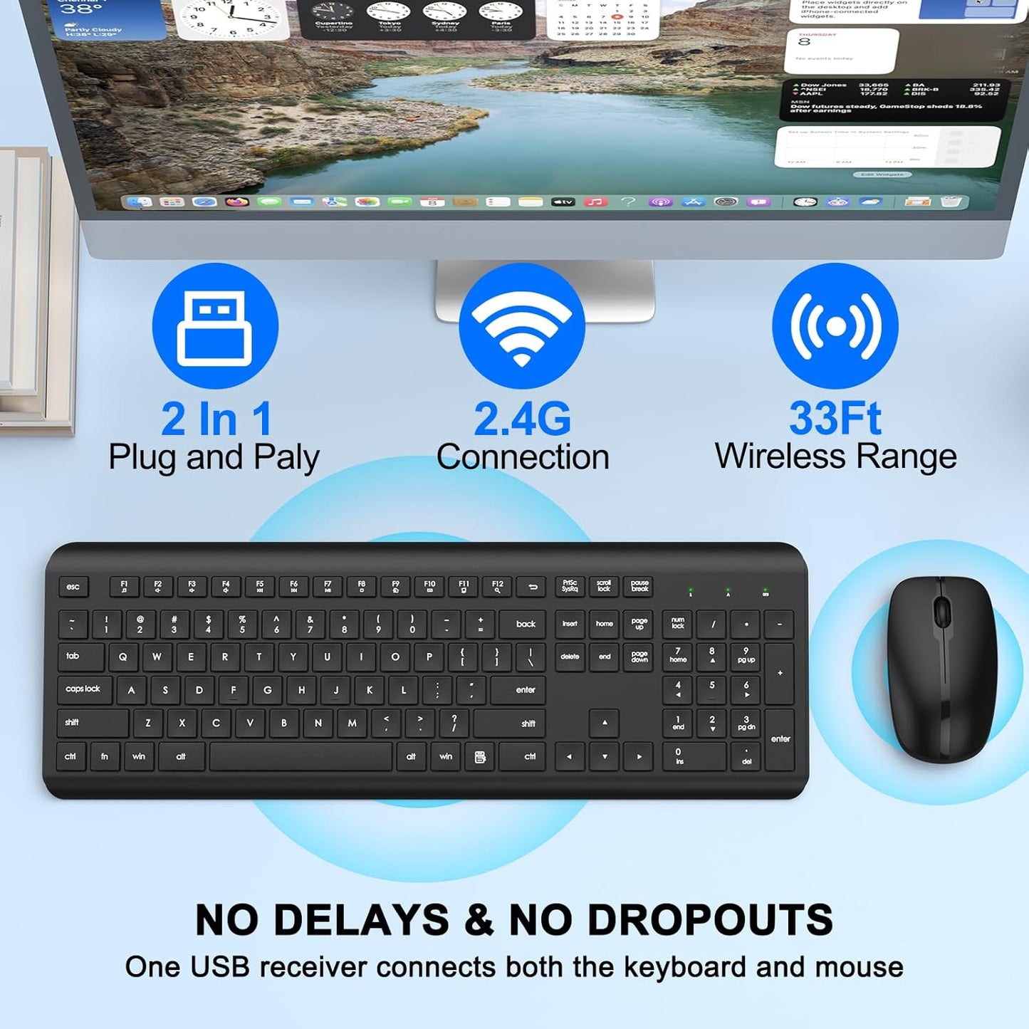 QUASIO 2.4GHz Wireless Keyboard and Mouse Combo, Full-Size Silent Ergonomic Keyboard and Optical Mouse, Long Battery