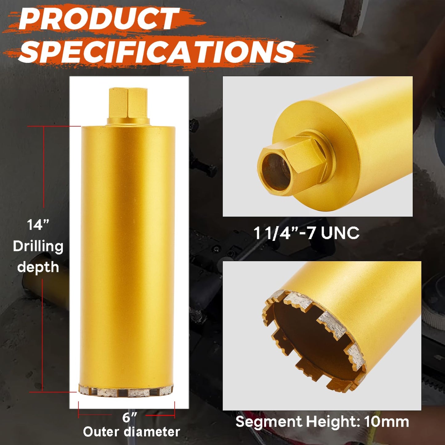 DaduoRi 6" Wet Core Drill Bit with Water Injection Capable Adapter for 1/2" Hex Shank - Includes Solid Brass Quick Connector and Hose - Convenient 1 1/4"-7 Thread Core Bit with Water Feed Design