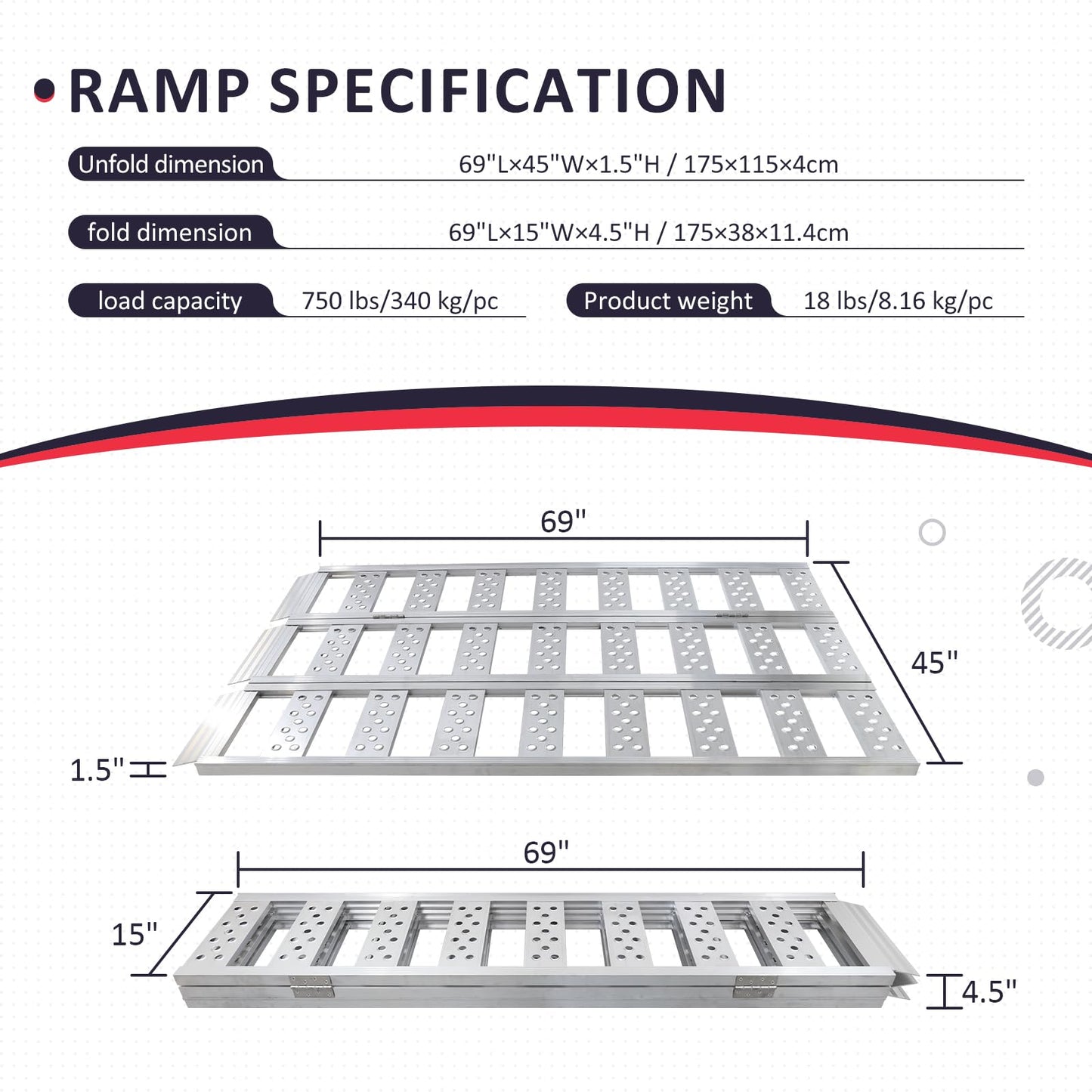 PENSUN Tri-Fold Ramps with Treads, Full Width Aluminum Loading Ramps with Load Straps, Manual Welding Ramp for Motorcycles, ATVs, Trucks, Snow Blowers with 1600Ibs Max Load /535lbs per Section