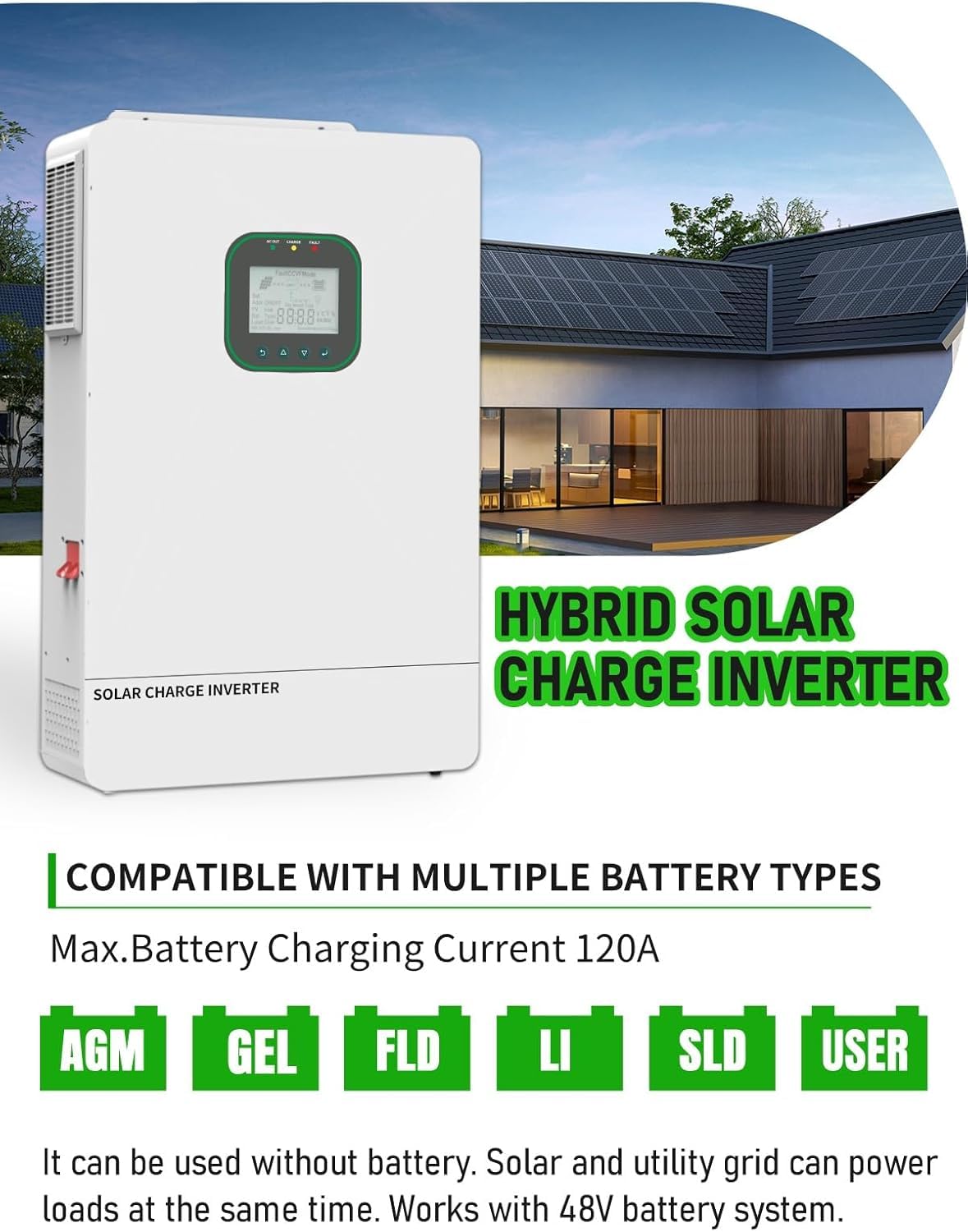 All in One 6500W Solar Hybrid Inverter Pure Sine Wave Inverter with Single Phase，MAX 6 Parallel, Work with 48V DC to 110V AC Lead Acid/LiFePO4 for Home, RVs, (6.5KW-WiFi)