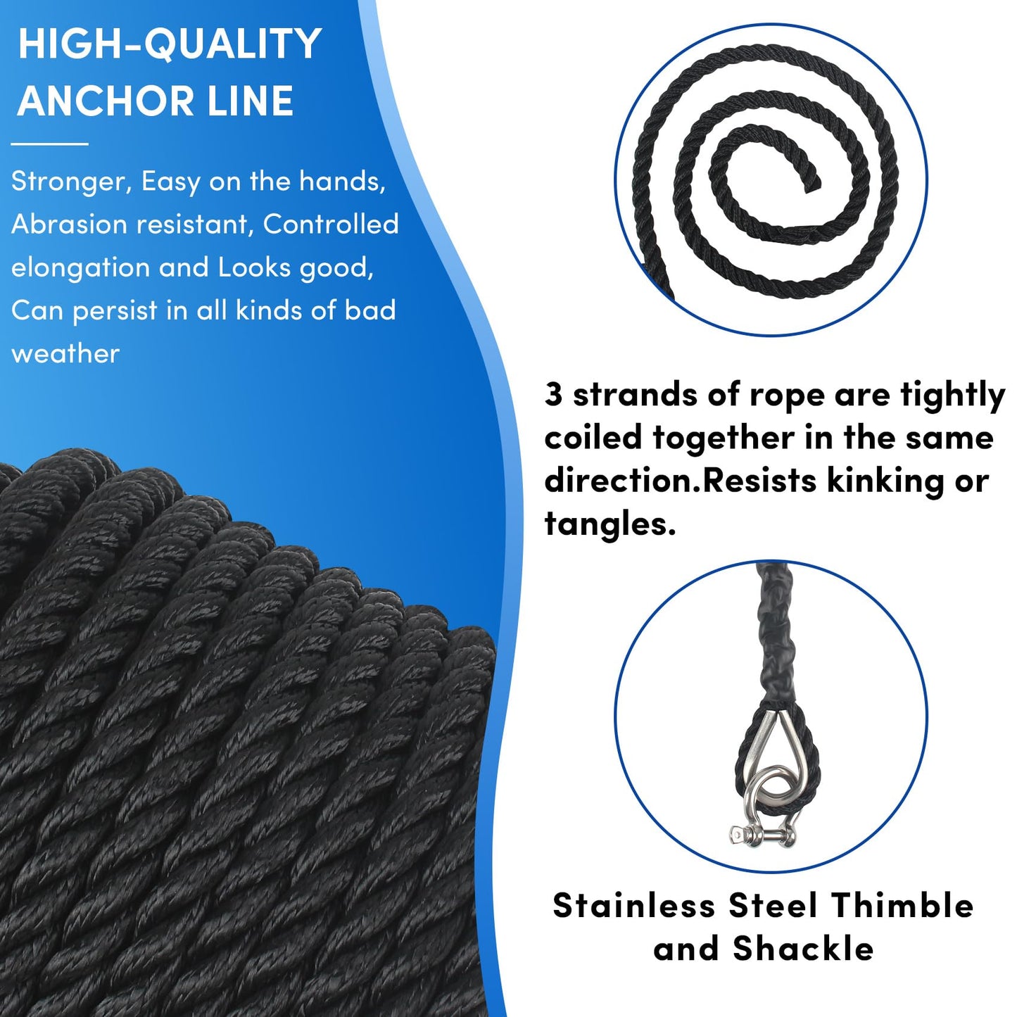VEITHI Anchor Rope 50 ft x 1/2 inch Black, 3 Strand Anchor Line Boat Rope with Stainless Steel Thimble & Shackle Ideal for Towing,Docking,Boats,Mooring,Anchoring,for Boats Up to 35'