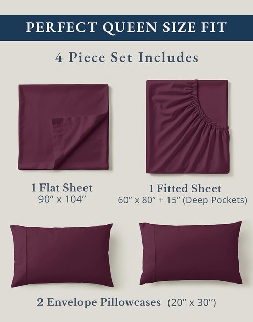 LANE LINEN 100% Organic Cotton Queen Sheets - Classic Percale Weave, Breathable & Soft in Windsor Wine