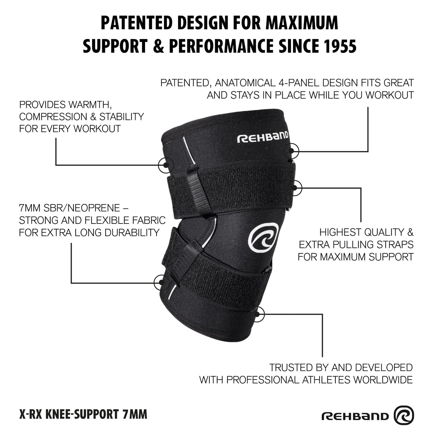 Rehband X-RX Knee Support with Straps, 1 piece, strong knee sleeve 7mm neoprene for heavyweight workouts, weightlifting & strongman, Colour:Black, Size:Large