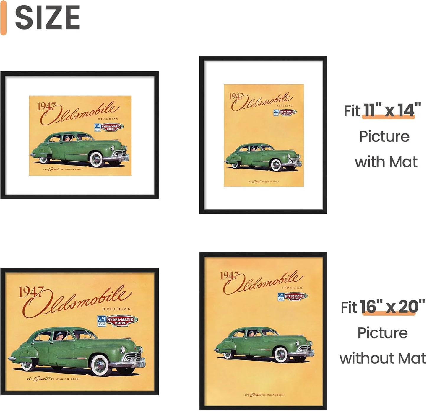 Upsimples 16x20 Picture Frame Set of 5 - Display 11x14 with Mat or 16x20 Without | Black Gallery Frames