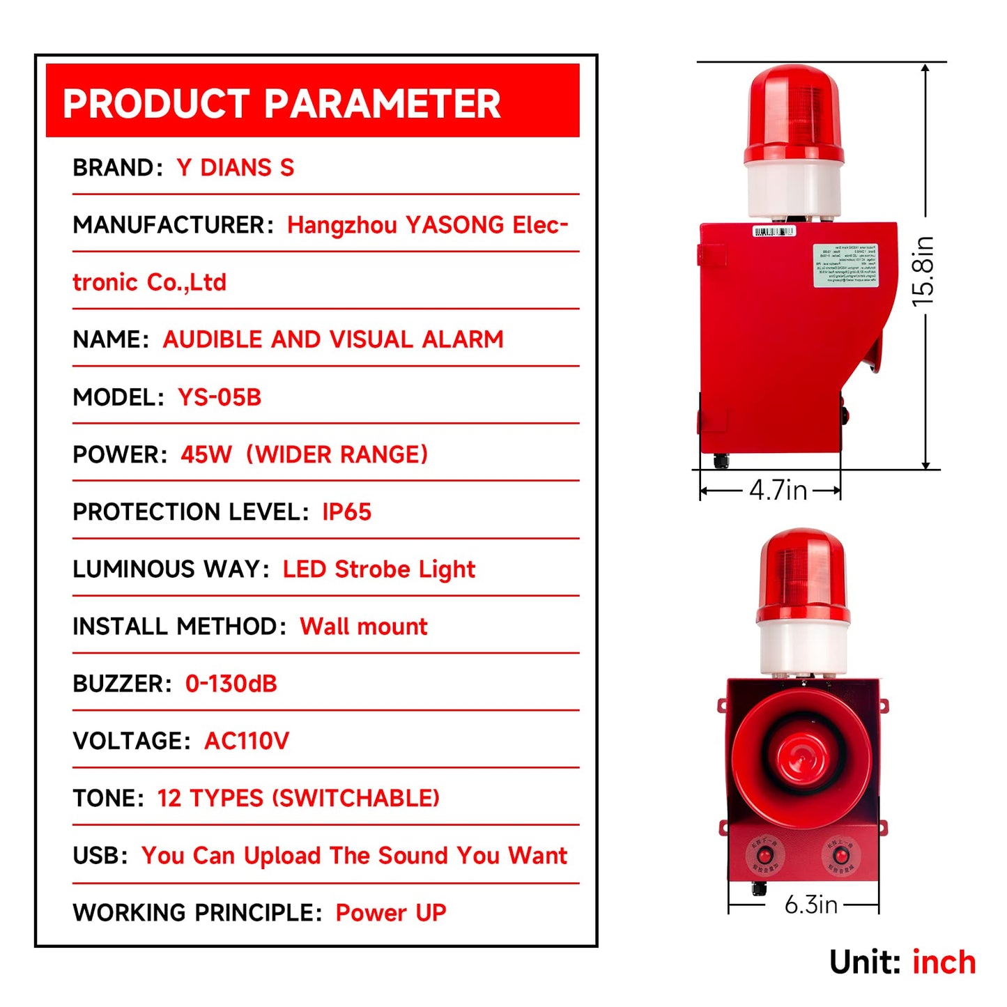 YASONG SLA-05B Model Industrial Alarm Siren, 12 Horn Tones, 0-130dB, AC110V-120V 45W, 100-150 Meters Range - Fire Tornado Alarm