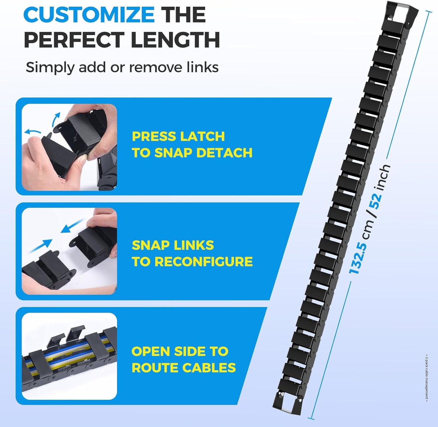 Cinati 52 Inch 2 Vertebrae Cable Management, Black Under Desk Vertebrae Cable Management Kit, Adjustable Length Wire