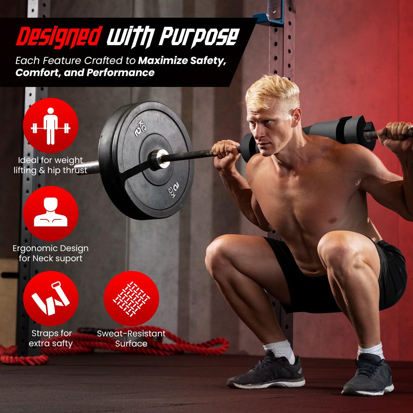 Barbell Pad for Squats & Hip Thrusts – 1.2” Extra-Thick High-Density Foam – Non-Slip Neck & Shoulder Support Cushion – Fits Olympic & Standard Bars – Quick On/Off Design + 2 Securing Straps