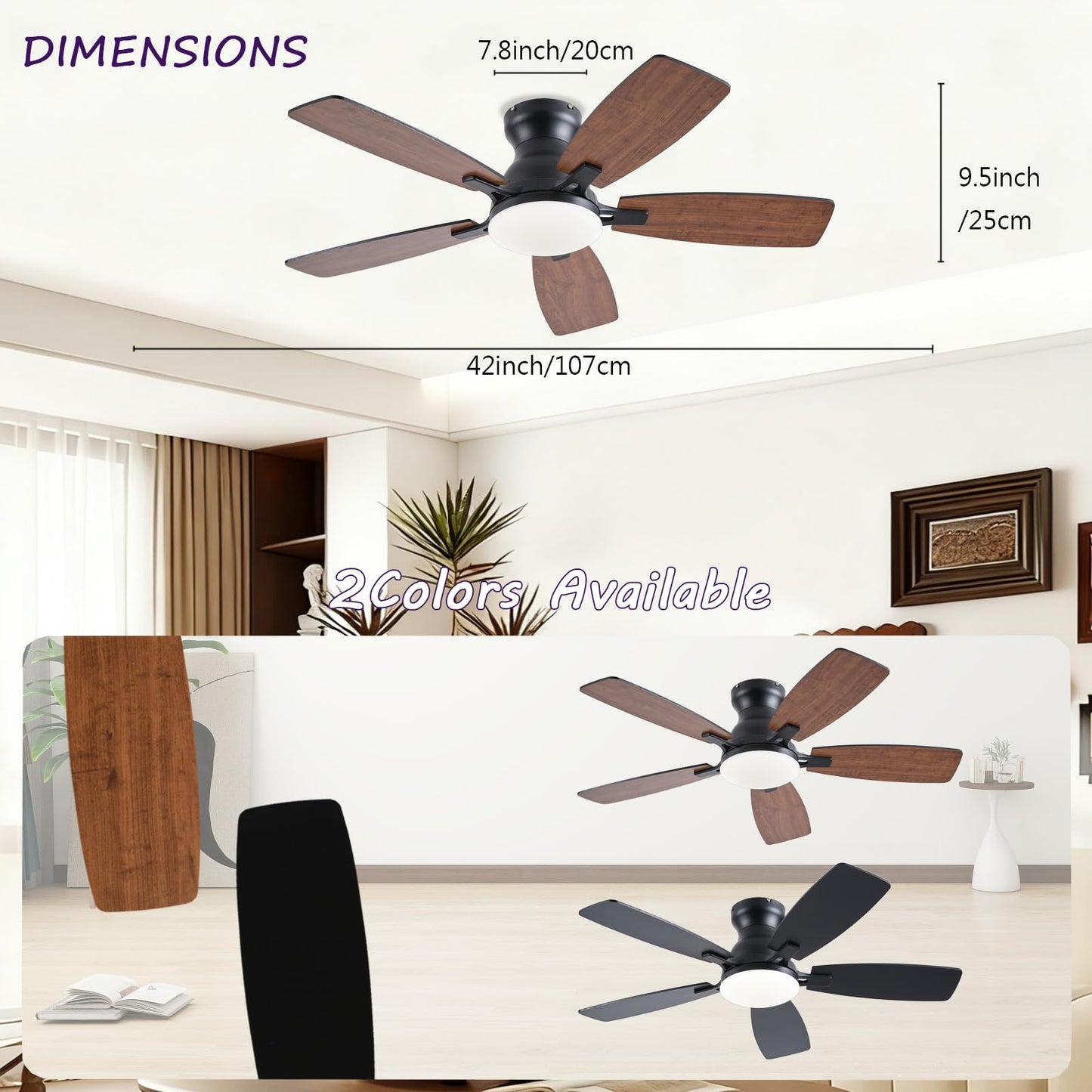 NKPU Ceiling Fans with Lights, Low Profile Ceiling Fan with Light and Remote/APP Control, DC Motor, Noiseless, Flush Mount, 42inch Brown Ceiling Fan for Bedroom Indoor/Outdoor Use