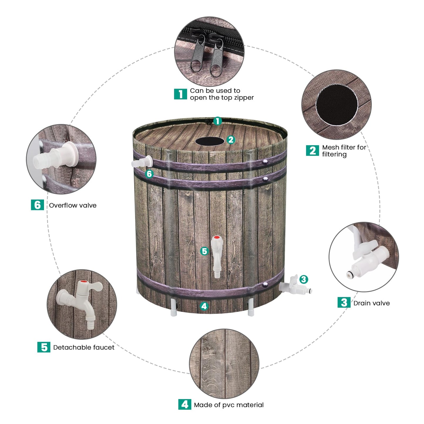 Rain Barrel,50 Gallon Collapsible Rainwater Collection with Spigots and Overflow Kit,Portable Plastic Rain Barrel with Filter, Anti-Collapse Rainwater Collection Container Woodgrain