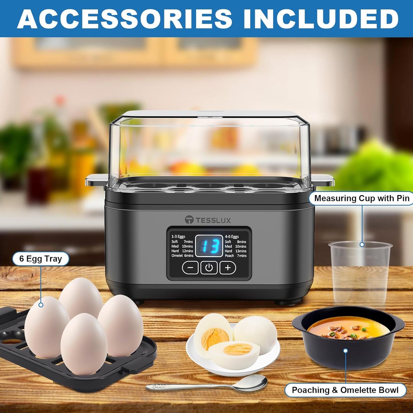Tesslux Electric Egg Cooker - 6 Egg Capacity for Hard Boiled, Poached, Scrambled Eggs | Auto Shut Off (Gray)