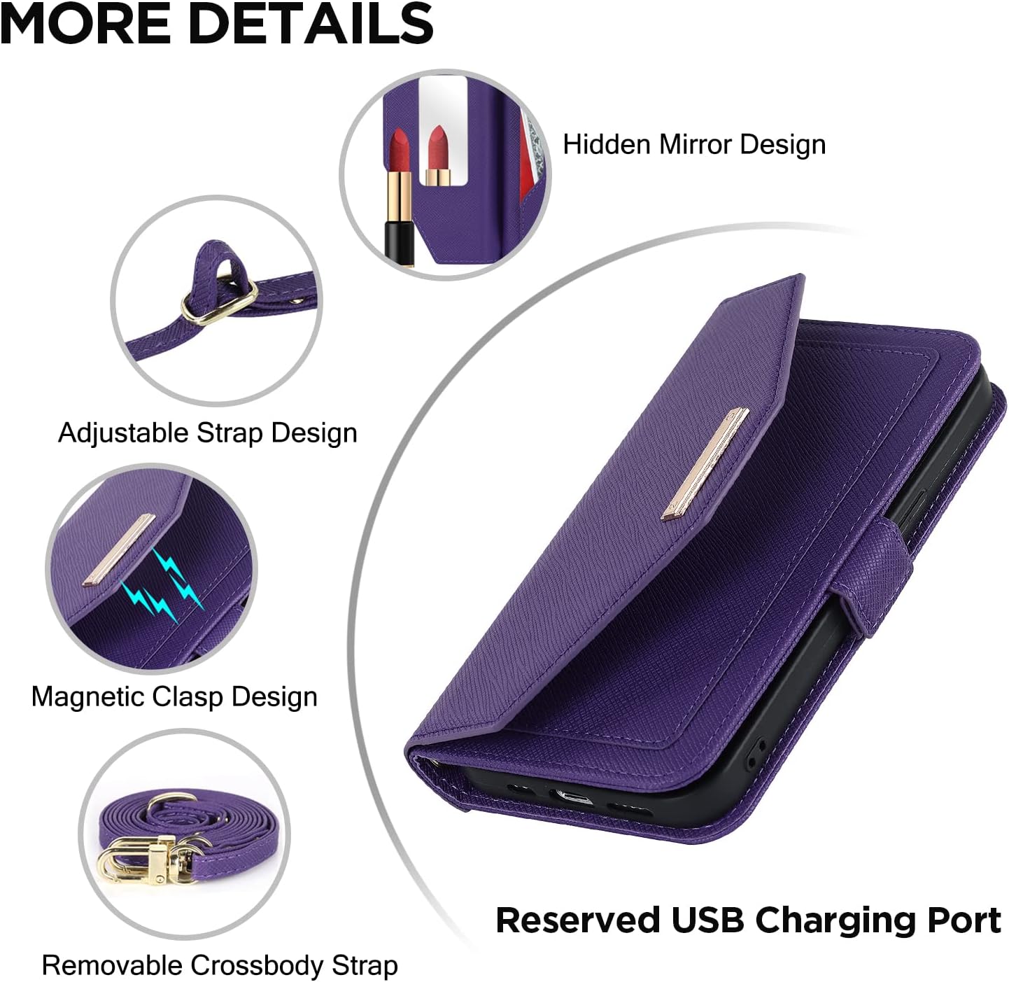 ANSHOW 15 Crossbody Purse Case for iPhone with Leather Wallet & Card Slots, Flip Case with Built-in Kickstand, Long