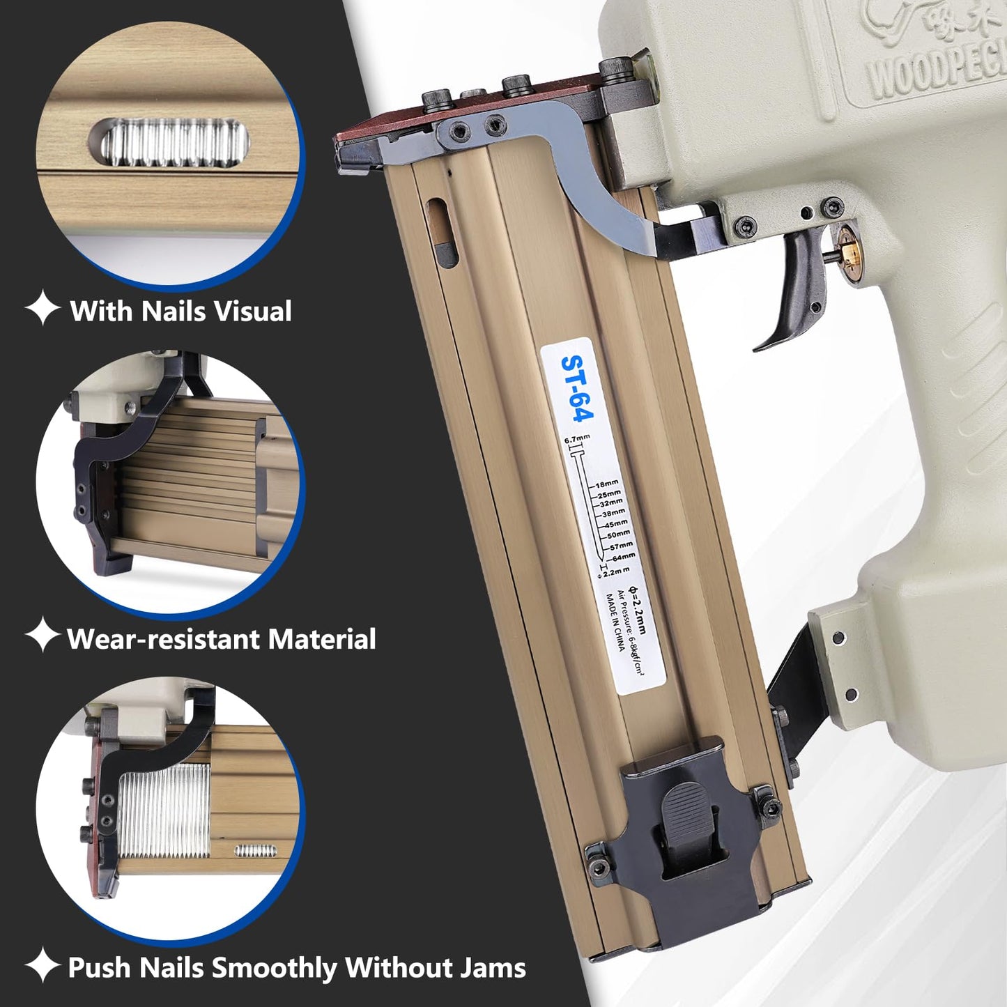 WOODPECKER ST64 Pneumatic Concrete T Nailer Kit with 1-1/4-Inch (32mm) T Nails × 800PCS