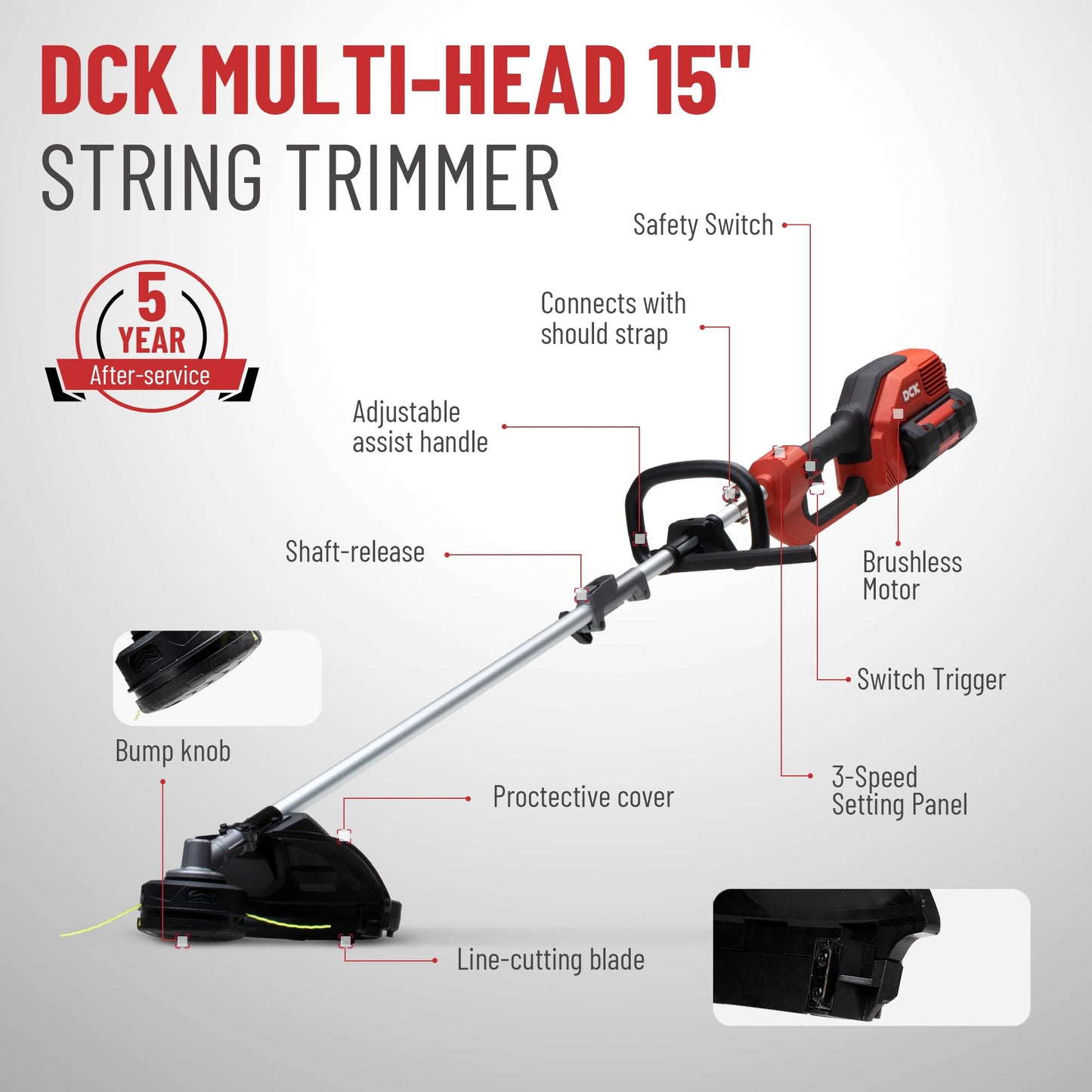 DCK 58V Multi-Head String Trimmer Cordless, 15" Brushless Weed Wacker with Rapid Reload and Auto Feed, 3-Speed Multi-Head Lawn Edger, Electric Weed Eater for Grass, 4.0Ah Battery and Charger