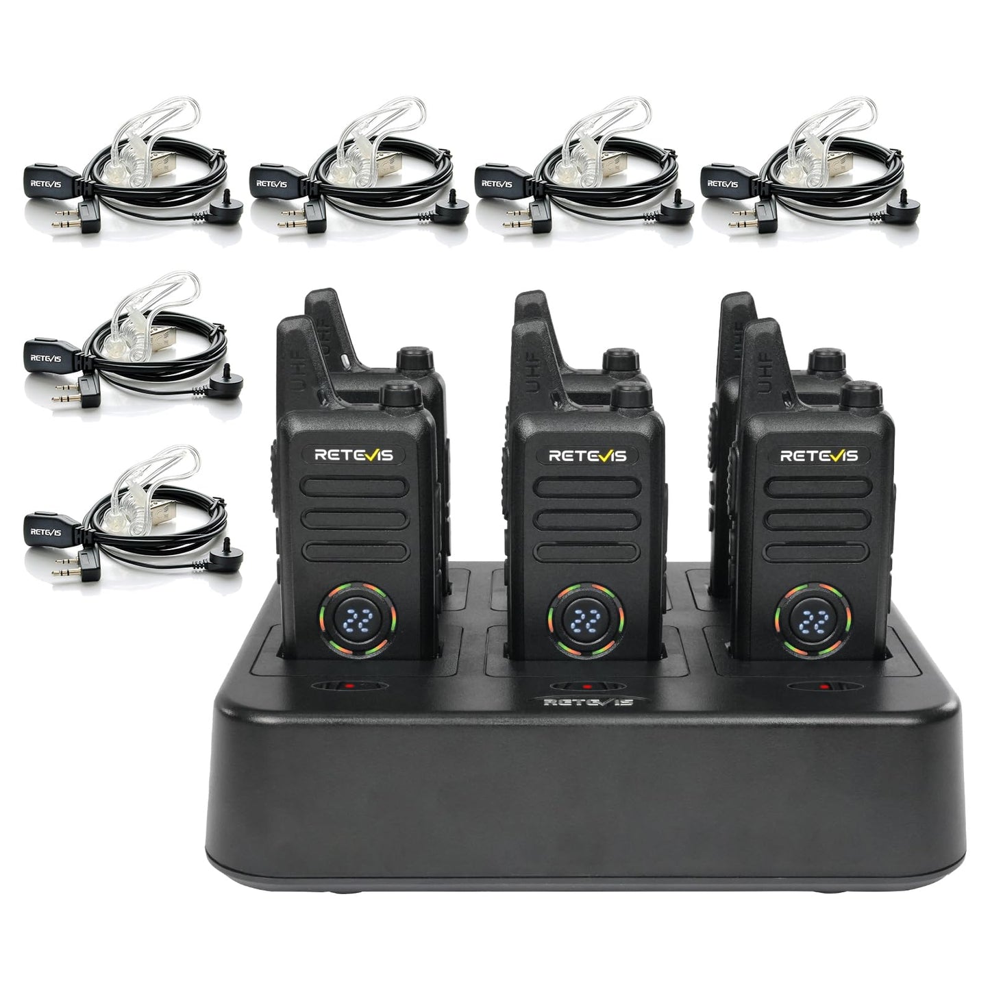 Retevis RT22S 2 Way Radios Rechargeable,Long Range Walkie Talkies with Earpiece and Mic Set,Channel Display,Signal Prompt,Handsfree Portable Two-Way Radio(6 Pack) with 6 Way Multi Gang Charger