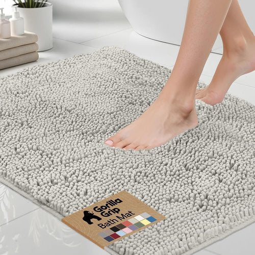 GORILLA GRIP Bath Rug Mat - Soft Absorbent Chenille | Quick Dry Microfiber, 60x17, Light Gray