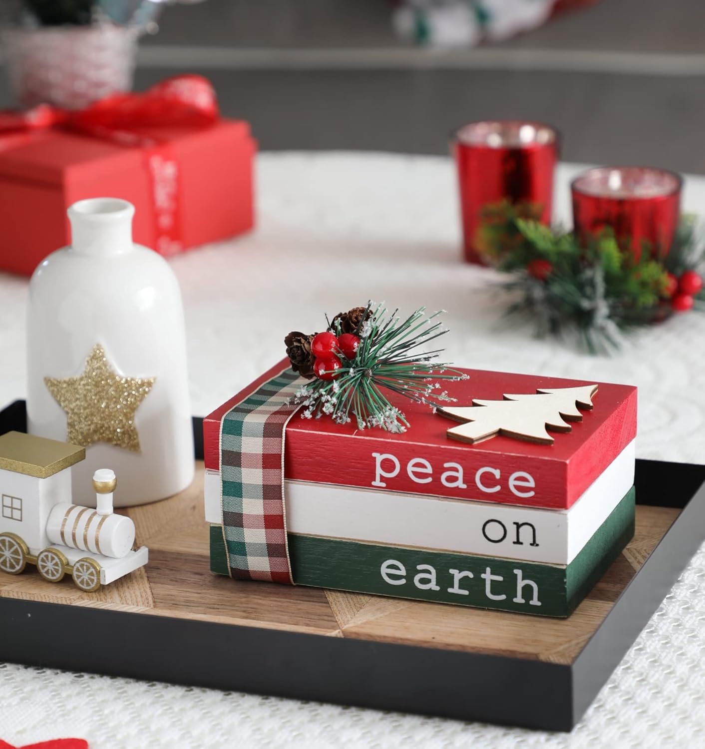Regine Switzerland Christmas Wood Book Stack - Mini Faux Decorative Books with Pine Berry | Farmhouse Tiered Tray Decor