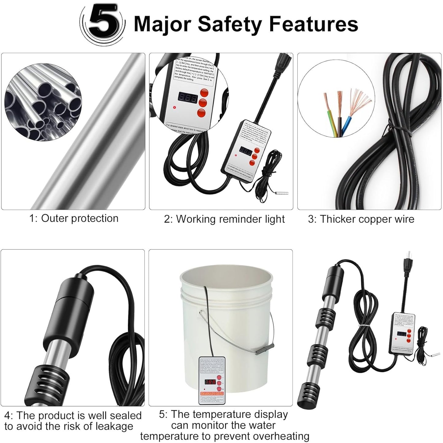 Skiennix 1500W Immersion Water Heater - Portable Submersible Heater with Timer & Thermostat | Safe for Buckets, Pools & Camping