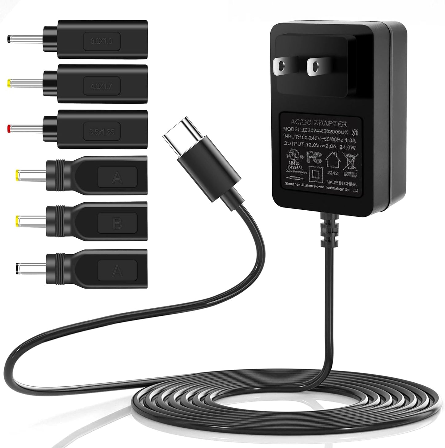 WAMOVAL 12V 2A 24W 100-240V 50-60HZ 5.5X2.5MM 3.5X1.35MM (5FT) Type C Power Supply Universal AC/DC Adapter Input