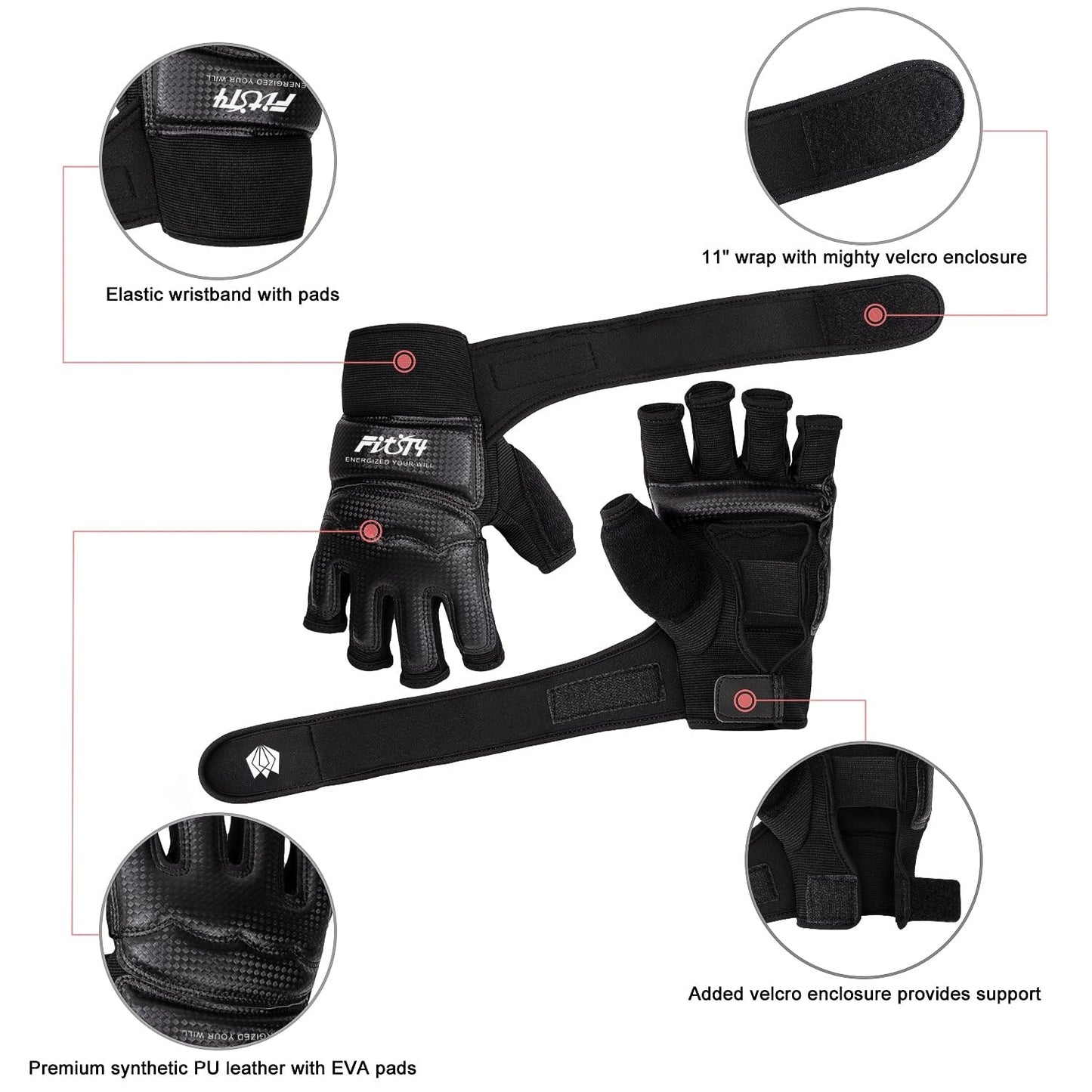 FitsT4 Sports Half Mitts MMA UFC Training Boxing Punch Bag Kickboxing Sparring Grappling Martial Arts Muay Thai Taekwondo Wrist Wraps Support Gloves for Women Men Kids Black L