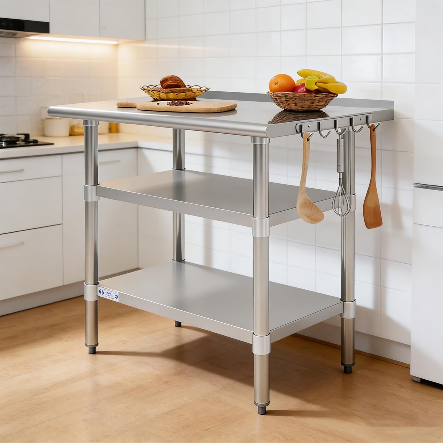Hally 24 x 36 Inch Stainless Steel Prep Table with Backsplash, NSF Certified, 2 Adjustable Undershelves and Removable Hook for Kitchen, Restaurant, Garage