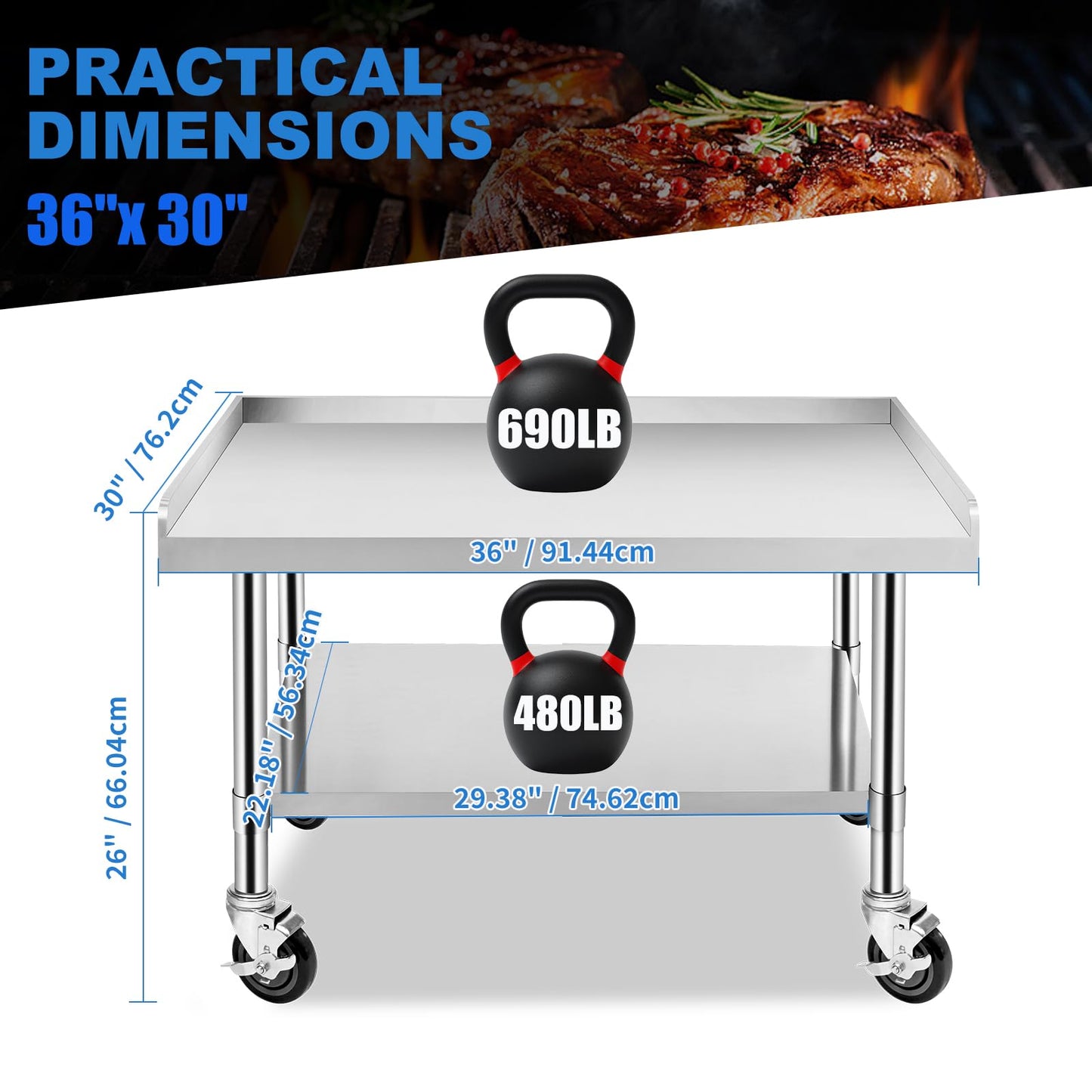 Hutioai Stainless Steel Worktable with Under Shelf & 360° Lockable Casters - Practical for Commercial Kitchens & Workshops (30 * 36 * 26in)