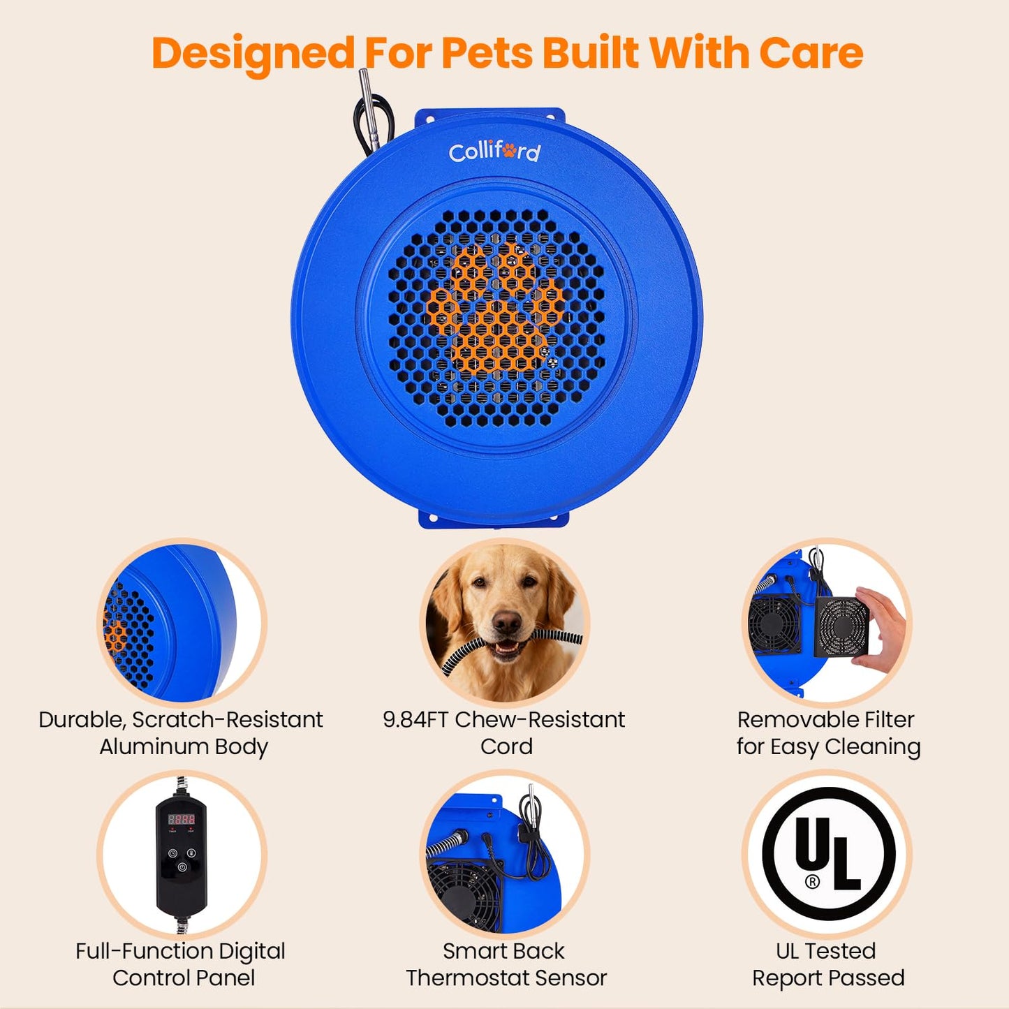 500W Dog House Heater with Thermostat, 24H Timer & Smart 40-115°F Adjustable Pet House Heater, 9.8FT Chew-Proof Cord, Kennel Heaters, Chicken Coop Heaters, Cat & Outdoor Animals