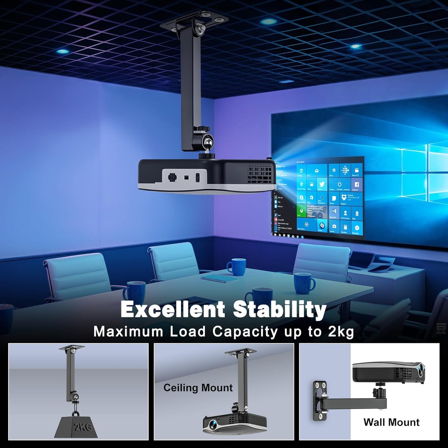 BAISHUN 1/4-Inch 360-degree Setup Projector Stand, Wall and Mini Ceiling Mount with Thread, Rotation, Adjustable Tilt