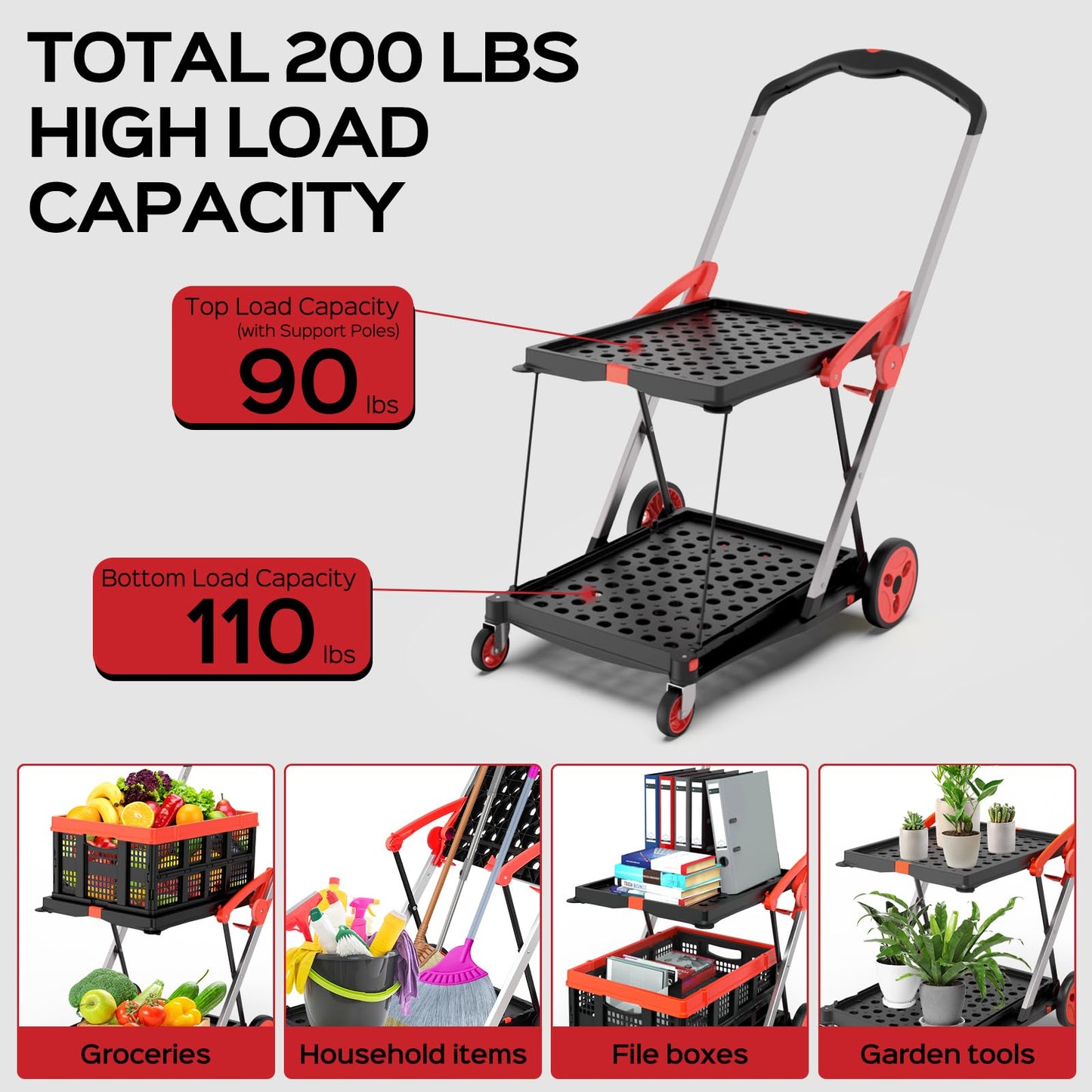 TOLRET Collapsible Shopping Cart with Wheels, 200 lbs Capacity Grocery Cart on Wheels with Storage Crate, Platform Hand Truck with Foot Brake, Red