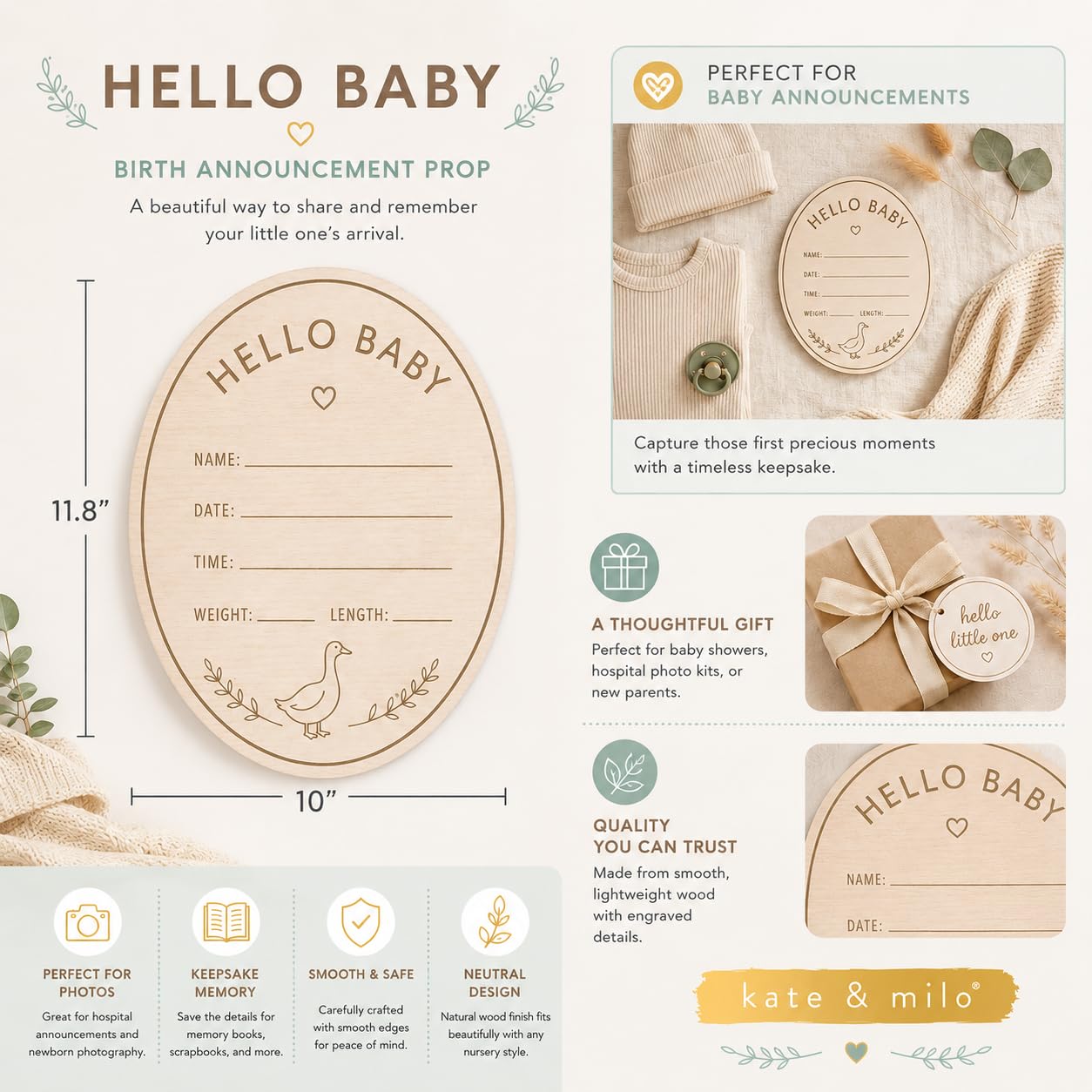 Kate & Milo Wooden Hello Baby Birth Announcement Photo Prop, Goose Design, Personalized Newborn Milestone Sign