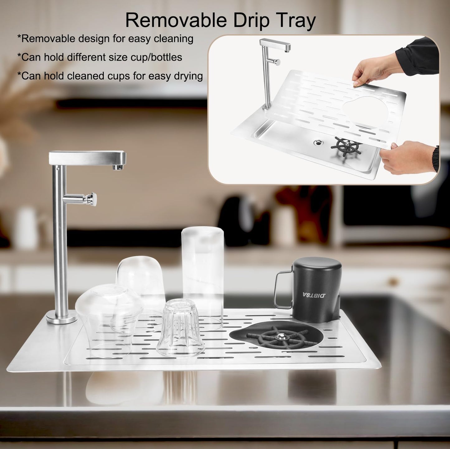 DIBTSA Pitcher Rinser, Stainless Steel Countertop Glass Rinser Cup Washer Sink with Side Spray,Drip Tray for Home Cafe Restaurant