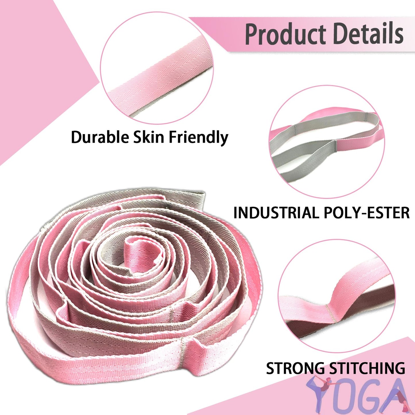 Stretching Strap Yoga Strap with Loops, Stretch Straps for Physical Therapy, Non-Elastic Exercise Strap for Pilates, Dance and Gymnastics with Workout Guide (Pink/Light Gray)