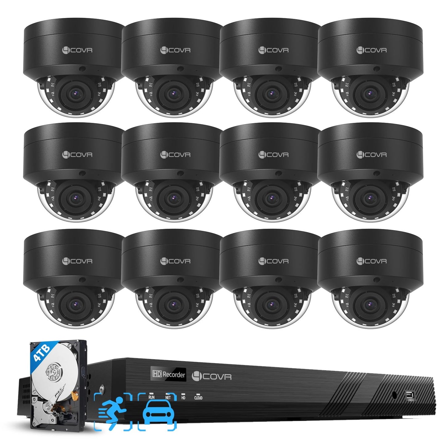 4COVR Commercial Security Camera System 4K PoE, 12Pcs IK10 Vandal-Proof 8MP Wired Dome IP Camera IP67 AI Human/Vehicle Detection, 16 Channel NVR 4TB HDD, Business Surveillance Outdoor, LY54AB8M1612