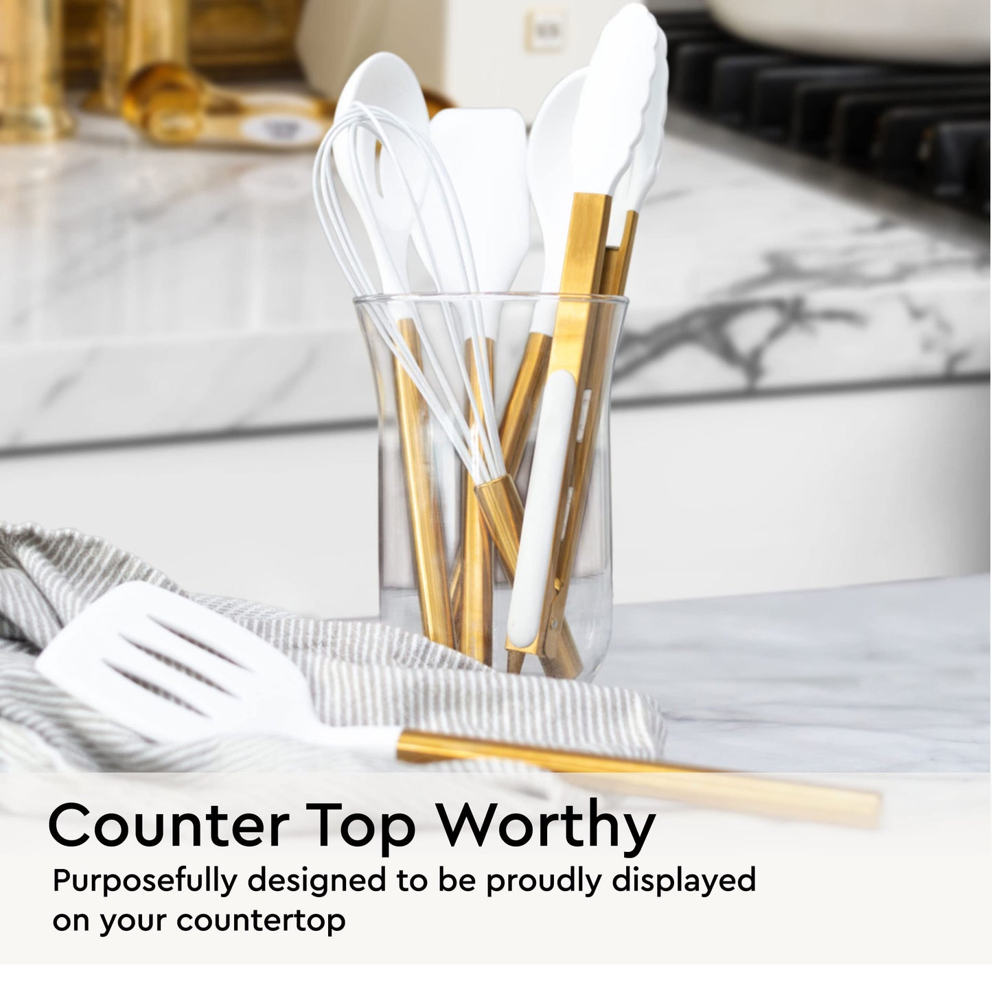 Gold Kitchen Utensils Set – 6 PC White Silicone and Gold Cooking Utensils with Spatula, Whisk, Tongs, Spoons, Cooking Tools for Nonstick Cookware – Luxury Kitchen Accessories for Home Chefs
