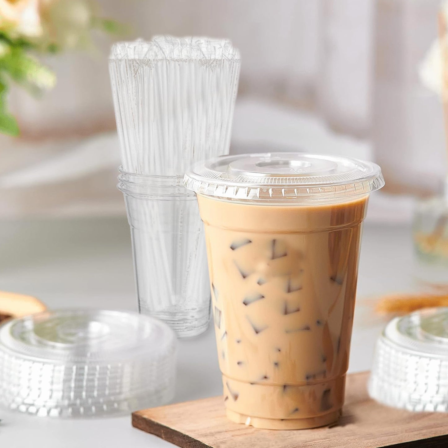 TashiBox TahiBox Plastic cups with lids and straws 16 oz 100sets [100 cups & 100 flat lids & 100 straws],clear crystal disposable iced coffee cups with lids