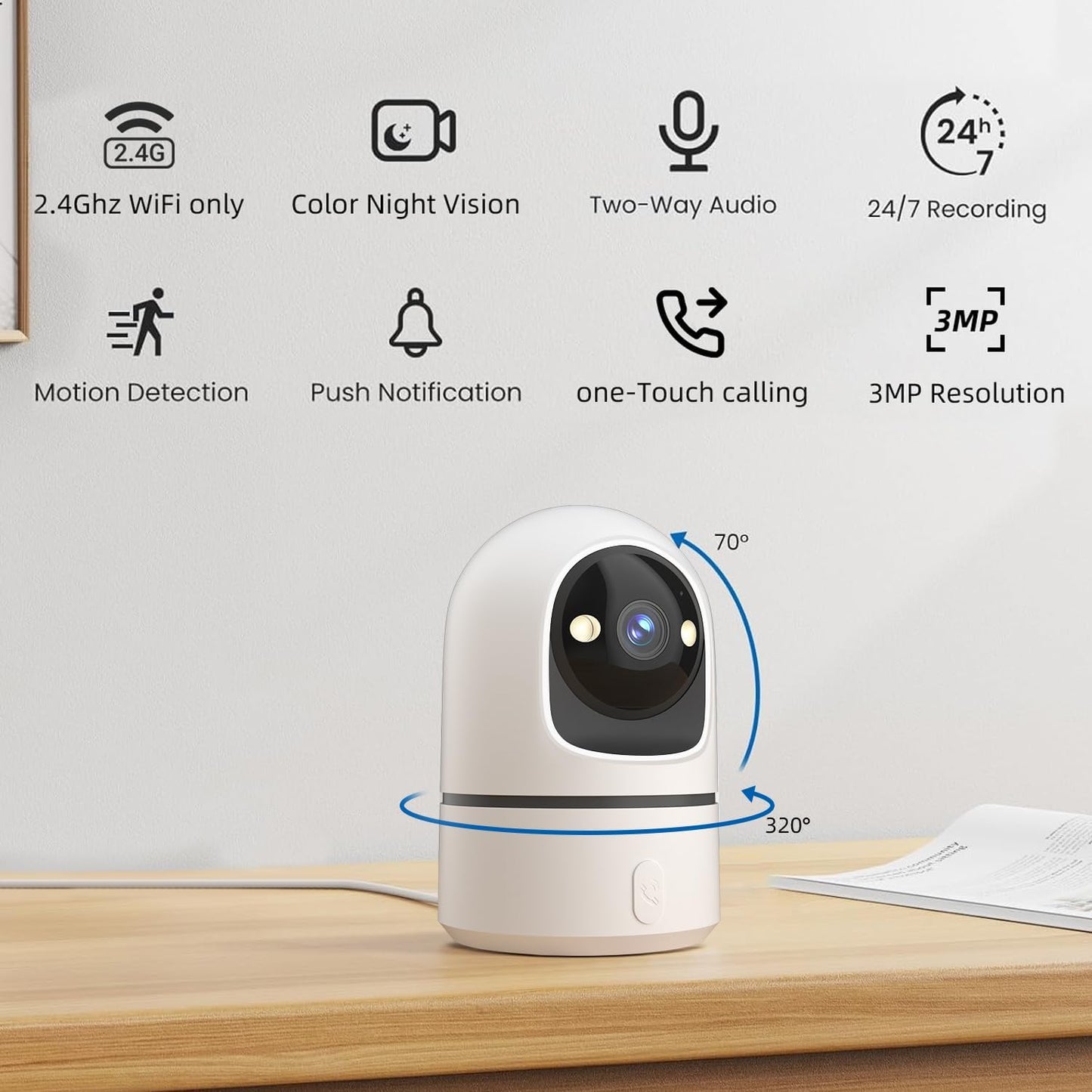 Camoon 2K 360 2.4Ghz Indoor Security Camera, WiFi Cameras for Home Security, Baby/Pet Camera with Phone App, One-Touch