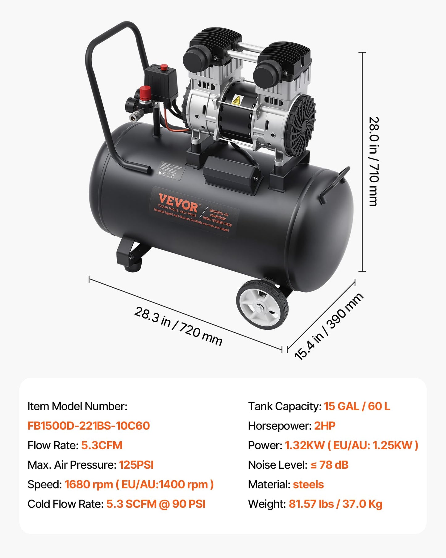 VEVOR Air Compressor, 15 Gallon Steel Tank, 2HP 5.3 CFM@90 PSI Oil Free Air Compressor & Max. 125PSI Pressure, 78dB Ultra Quiet Portable Compressor, for Auto Repair, Tire Inflation, Spray Painting