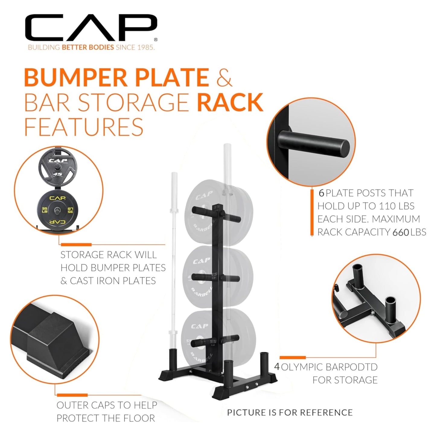 CAP 190 lb Economy Olympic Bumper Plate Set with Storage Rack, 2-Inch Olympic Plates, Medium Bounce Rubber Weight Plates with Steel Hub, 6 Weight Posts & 4 Barbell Holders for Weightlifting, Strength Training & Home Gym Workouts