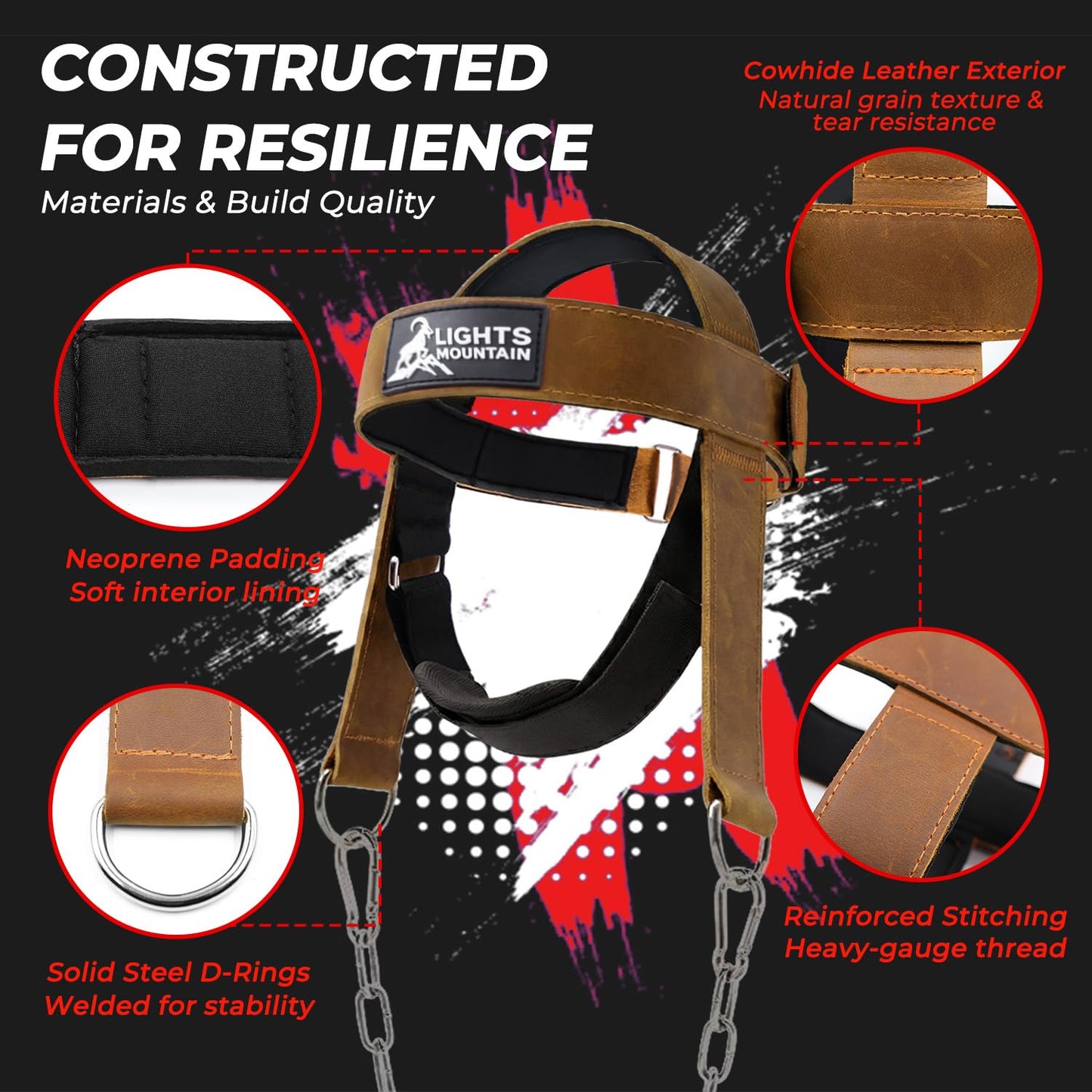 Lights Mountain Leather Neck Harness for Neck Strength Training, Adjustable Head Harness with Steel Chain & Carabiners, Padded Genuine Leather Head Strap for Gym & Home Workouts