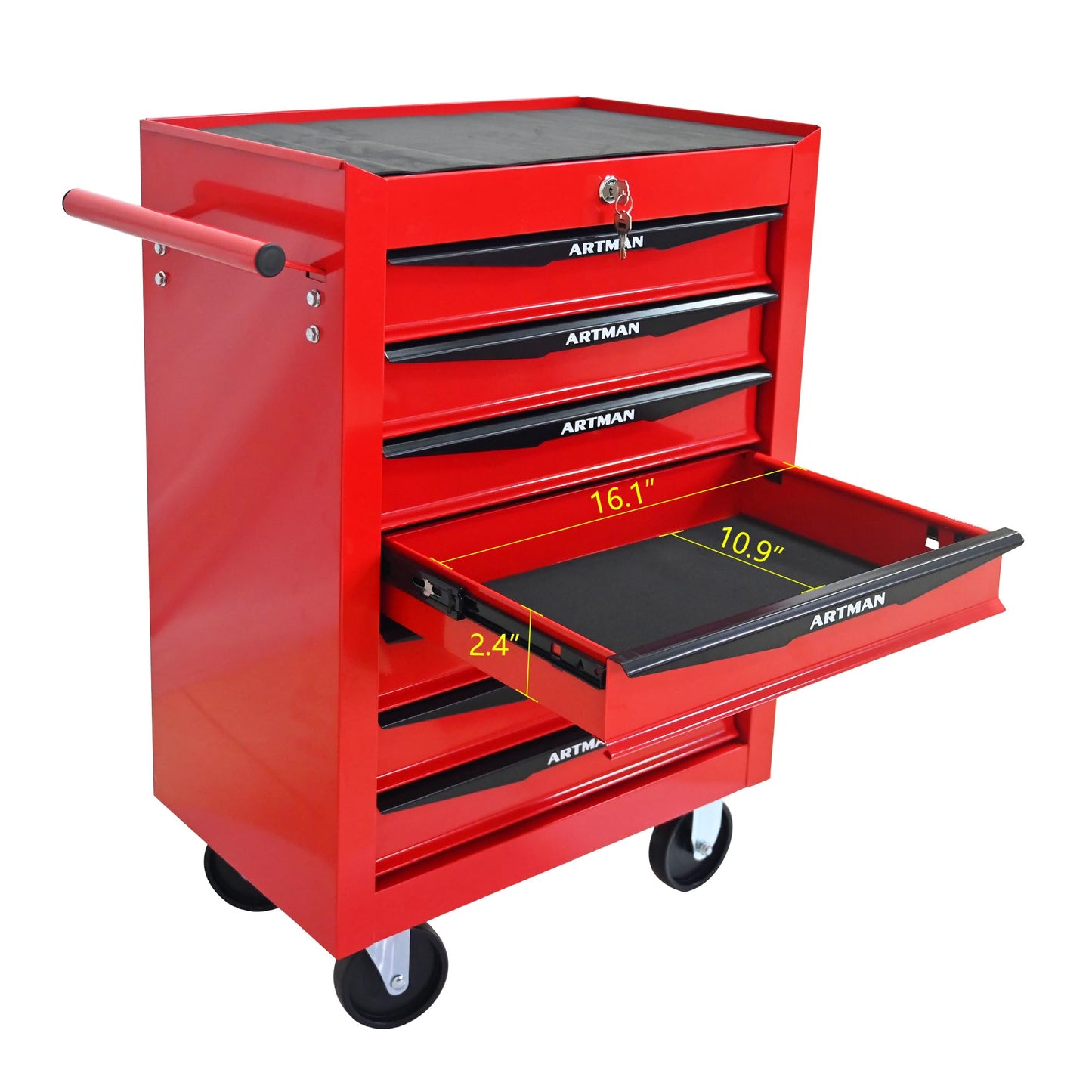 Thetilsy Rolling Tool Chest Cart with 7 Drawers,Storage Tool Cabinet on 4 Wheels. Lockable Tool Cart with Drawer Liners.Steel Tool Box Organizer for Garage,Repair Workshop-Red