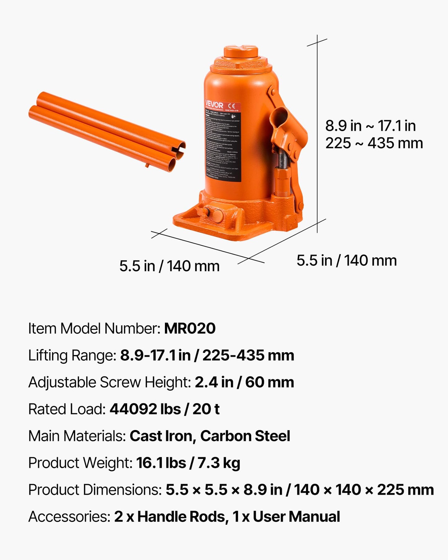 VEVOR Hydraulic Bottle Jack, 20 Ton/44092 LBS All Welded Bottle Jack, 7.5-14 inch Lifting Range, with 3-Section Long Handle, for Pickup Truck, Truck, Car, RV, Auto Repair, Industrial Engineering