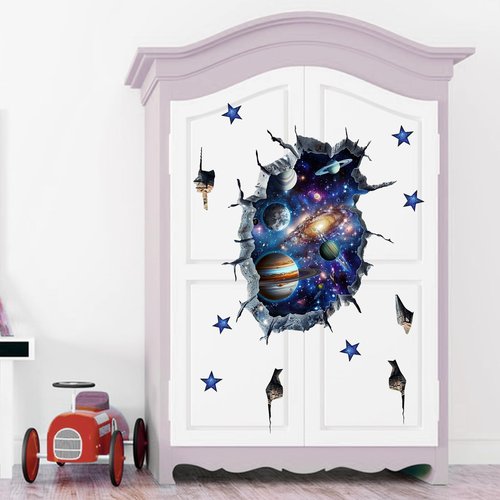 Mfault Outer Space 3D Broken Wall Decals Stickers, Universe Galaxy Planets Stars Nursery Decorations Kids Bedroom Art, Solar System Baby Boys Toddlers Playroom Home Decor