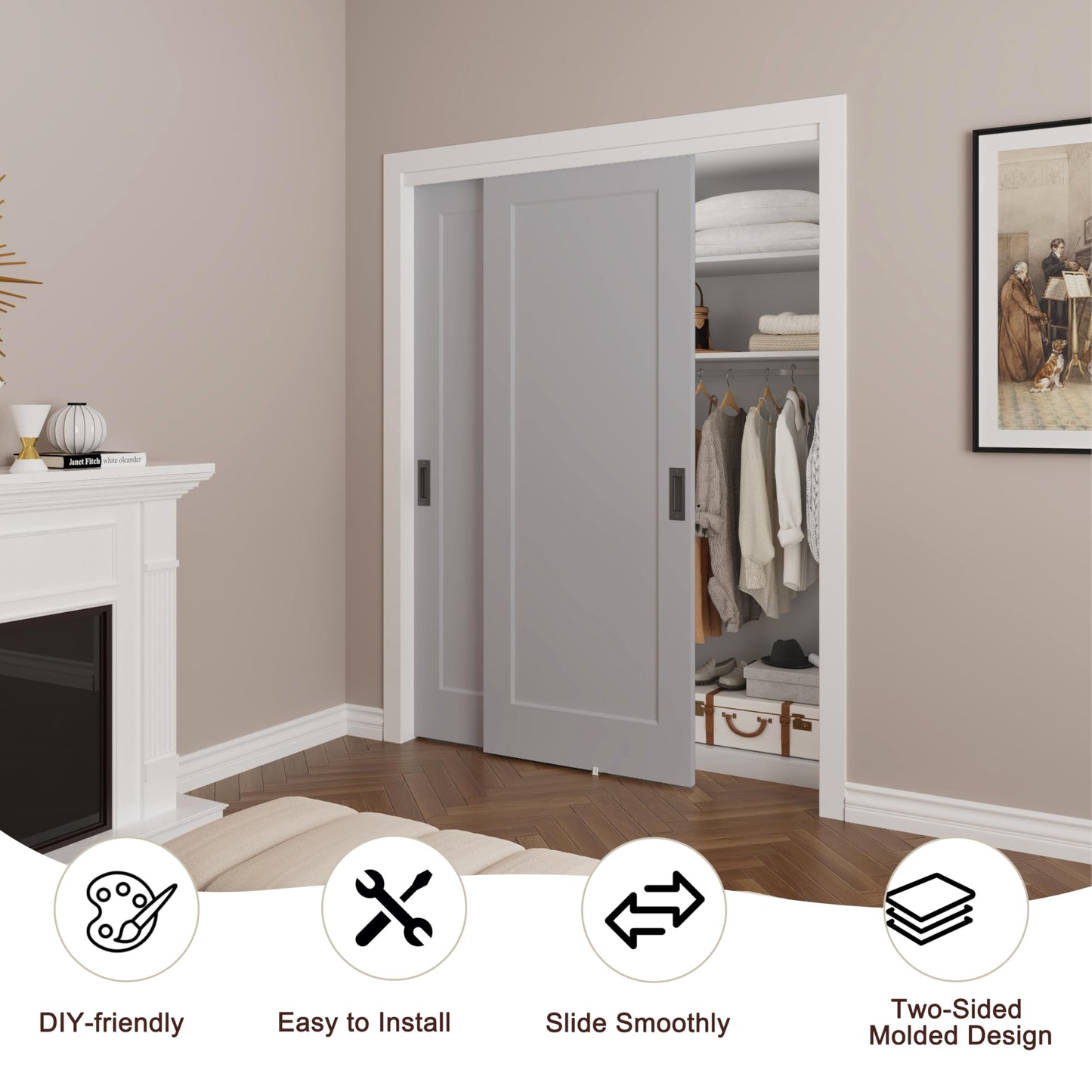 BARNSMITH 60x80 in 1-Panel Sliding Closet Door, White Primed Bypass Interior Door with Top Track & Floor Guide, Preassembled Door Slab with Paintable Surface