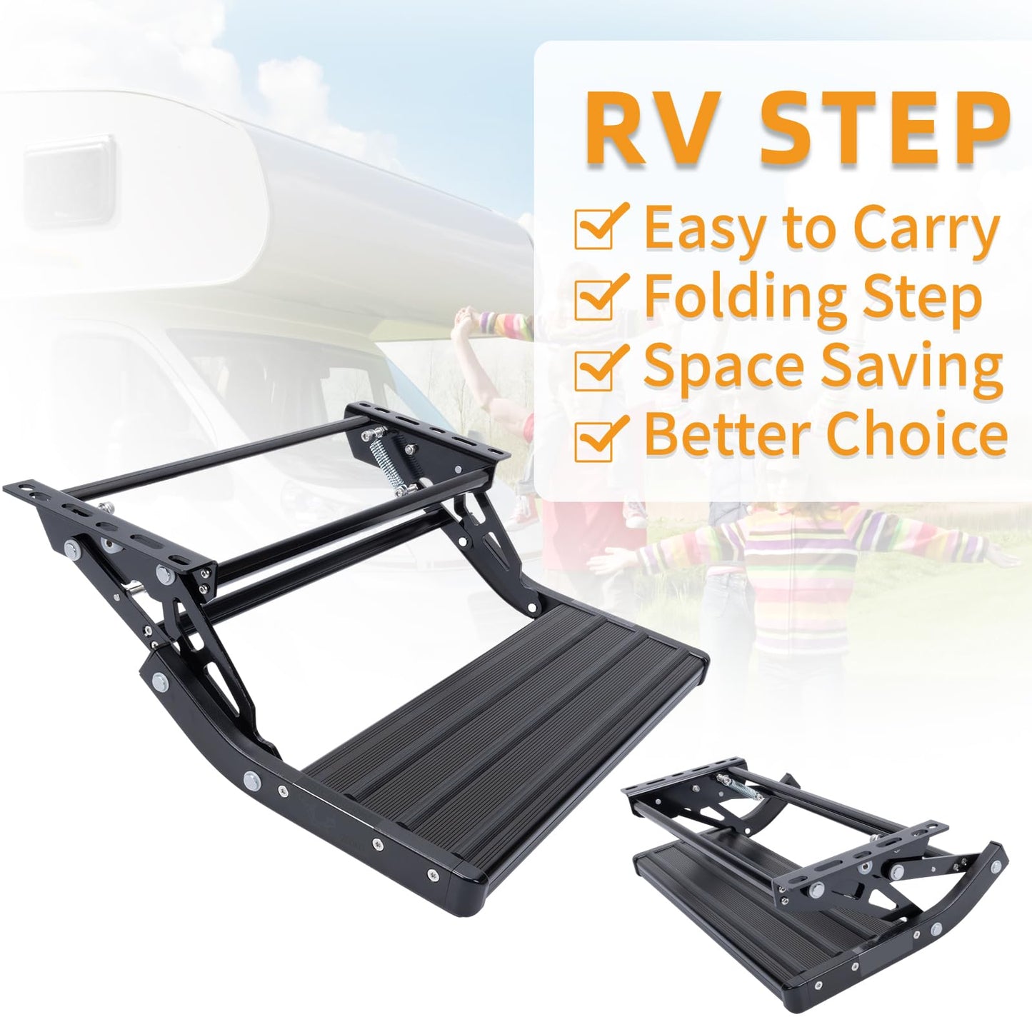 RV Step, 1-Step, Manual Foldable RV Steps, 400 LBS Load Capacity, Retractable Aluminum Alloy Camper Steps, Thickened Steel Plate Trailer Steps, Non-Slip Design, Ideal for RV, Trailer, Camper, Black