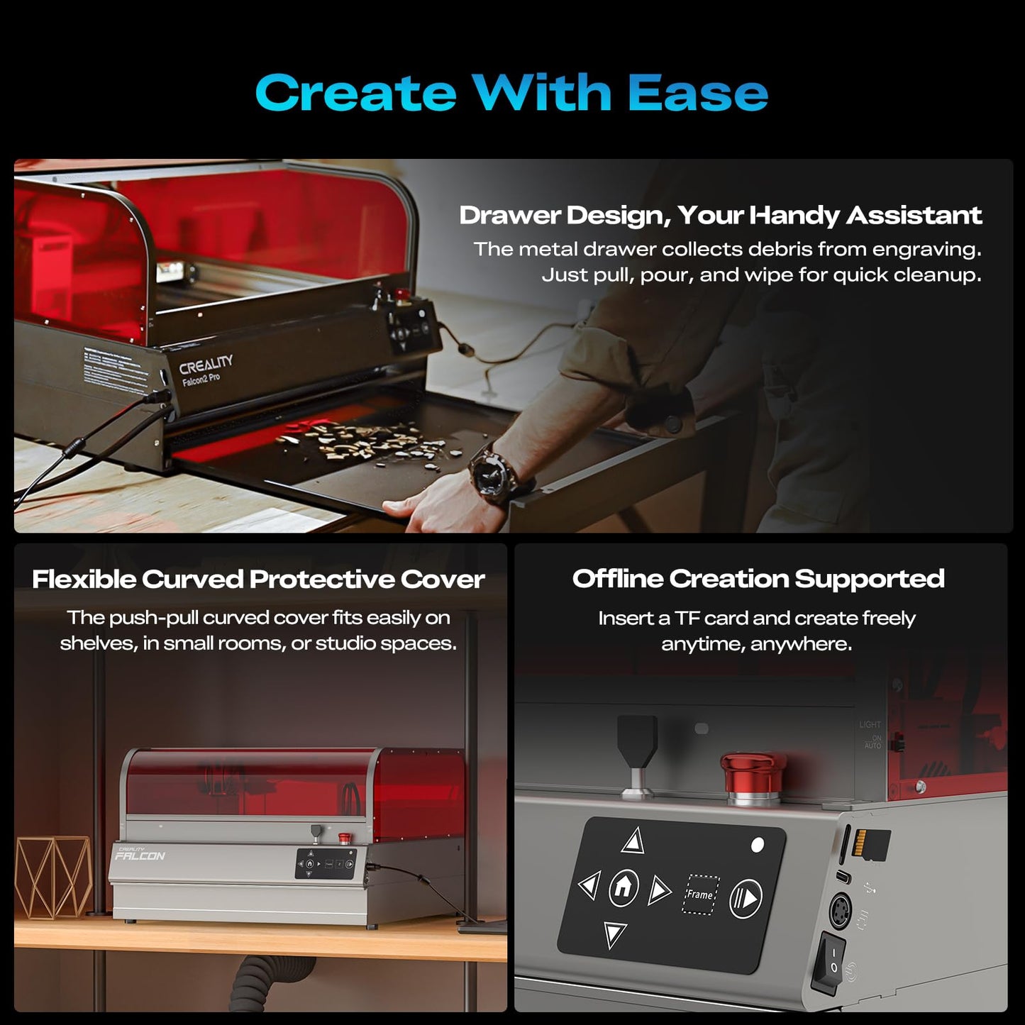 Creality Falcon2 Pro S 22W Laser Engraver, 120000mW Desktop Diode Laser Cutter with Auto Focus (Z-Axis) & Auto Cut Through, Integrated Enclosure, Camera & Air Assist, 600mm/s for Wood & Acrylic