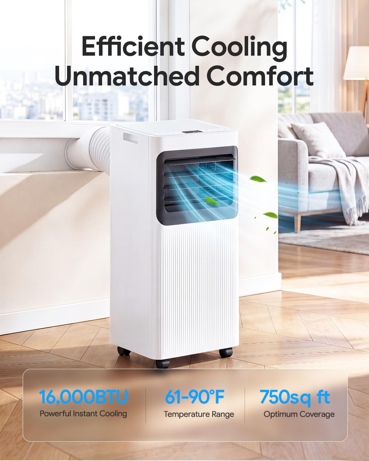 16000 BTU Portable Air Conditioner for Large Rooms up to 750 Sq. Ft., 5-in-1 Smart AC with WiFi App & Remote, 42dB Sleep Mode, Dehumidifier, Fan, 24H Timer, Child Lock & Window Kit