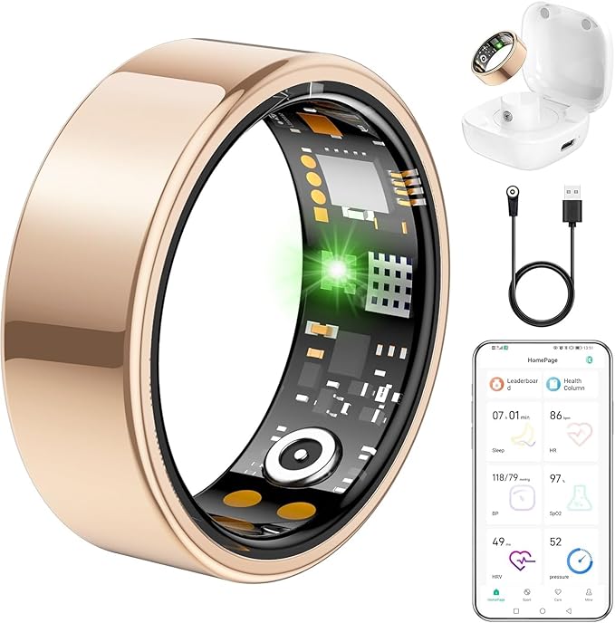 Ring Health Tracker for Women Men, Fit Ring with Heart Rate, Blood Oxygen, Sleep Monitor, Calories, Step Counter, IP68 Waterproof Smart Ring for iPhone & Android, No Subscription Fee (Rose Gold, 6#)