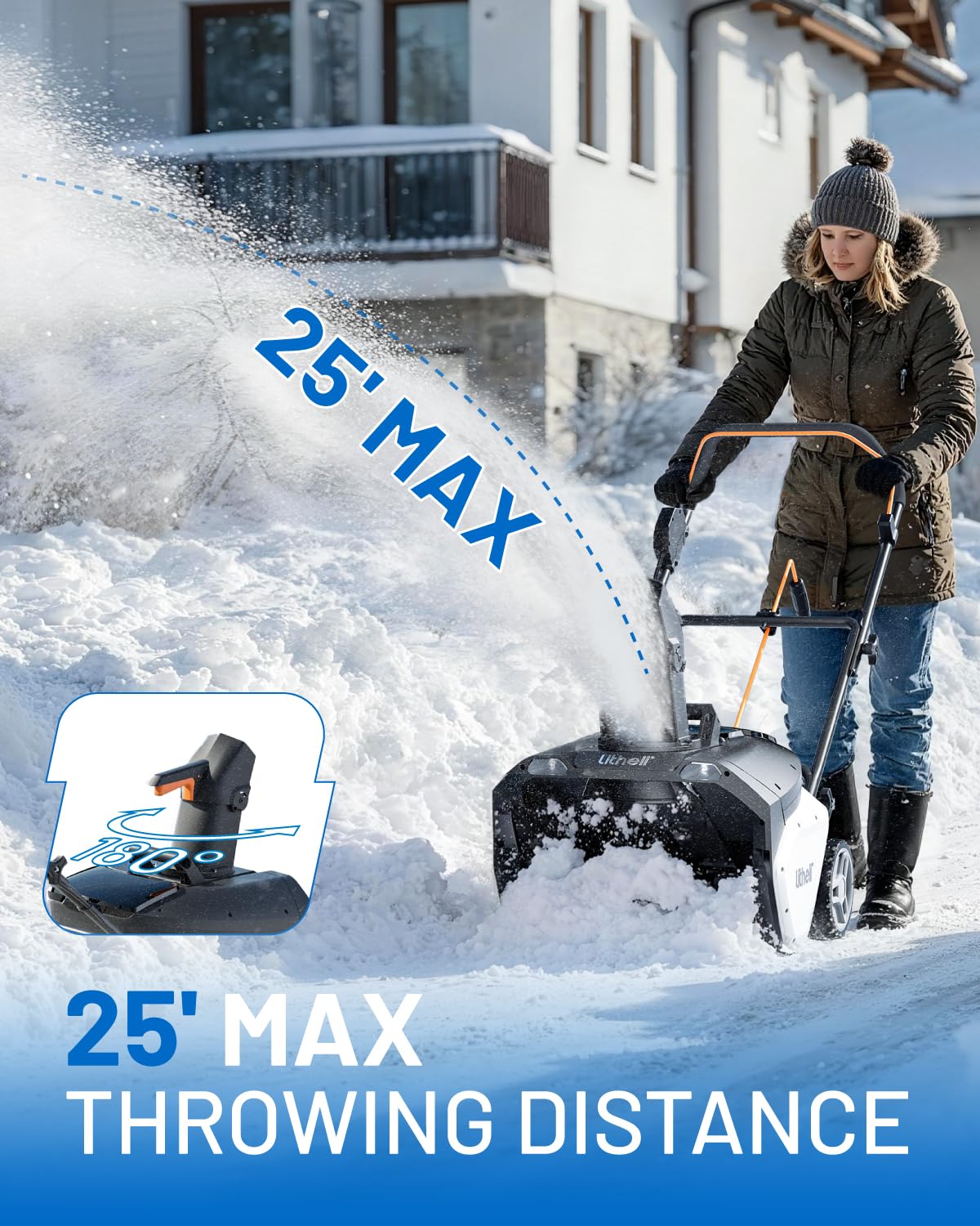 Litheli Cordless Snow Blower, 40V Brushless Electric Snow Thrower with Wheels, 180° Adjustable Chute, LED Light, Easy Maneuver Snow Removal Kit with Battery for Driveway