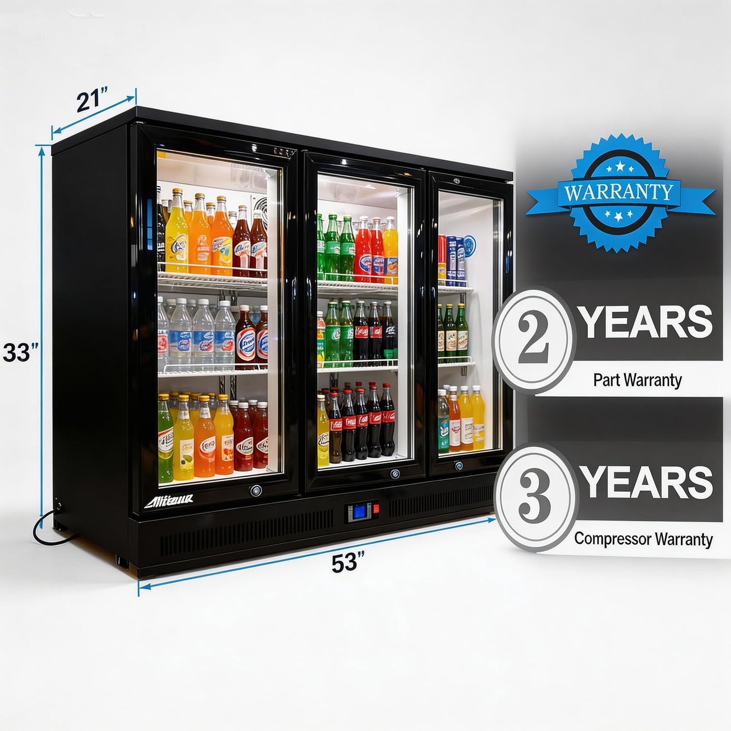 Back Bar Cooler Under Counter Beverage Refrigerator, 12.8 Cu Ft Undercounter Fridge,3 Door 5 inch Commercial Beer Built-In Cooler with LED Light Adjustable Shelves Safety Locks,ETL Approval