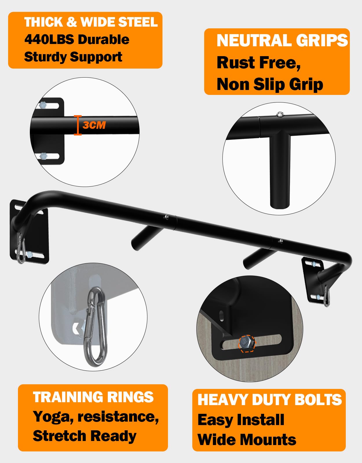 Fitarc Heavy Duty Wall Mount Pull Up Bar, Joist Mount Chin Up Bar for Doorway, Steel Construction, Home Gym Workout Equipment