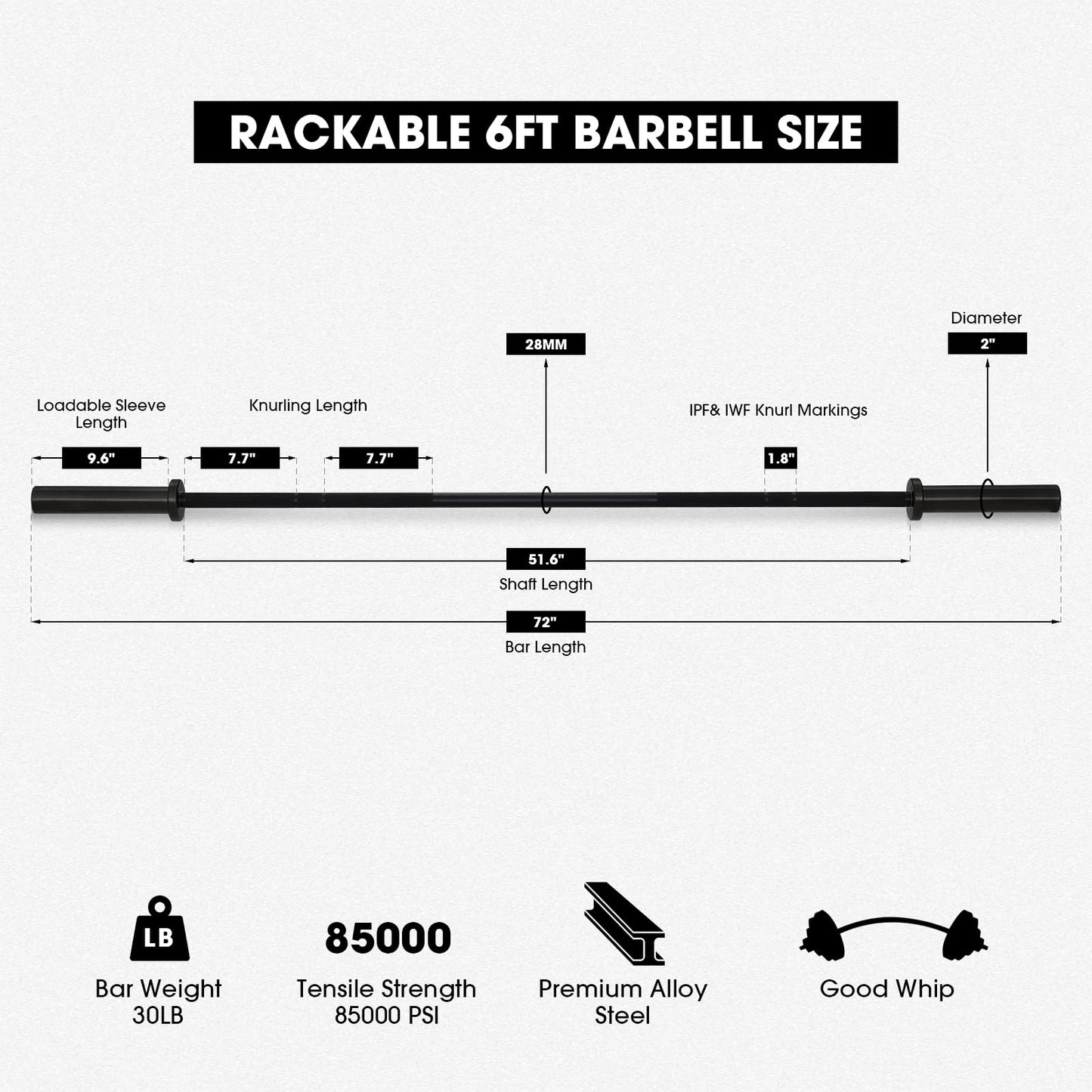 Mikolo 7ft Olympic Barbell, Barbell for Weightlifting and Powerlifting 45lb, Olympic Bar for 1500lbs Capacity, Weight Bar Fit 2” Standard Weights (6ft,Balck)